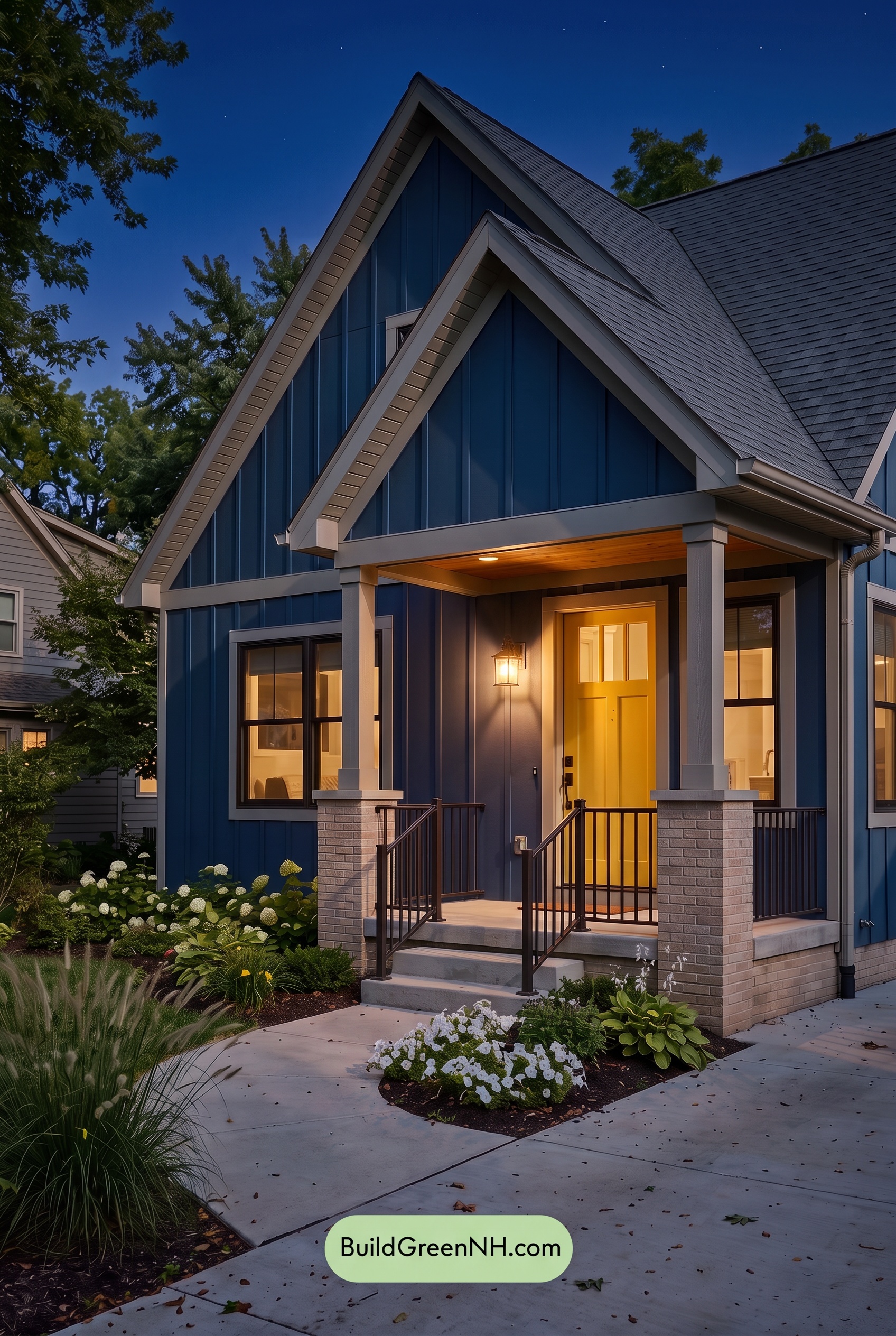 Blue House Front Door Color Scheme: Cerulean Sunbeam Porch - Nighttime