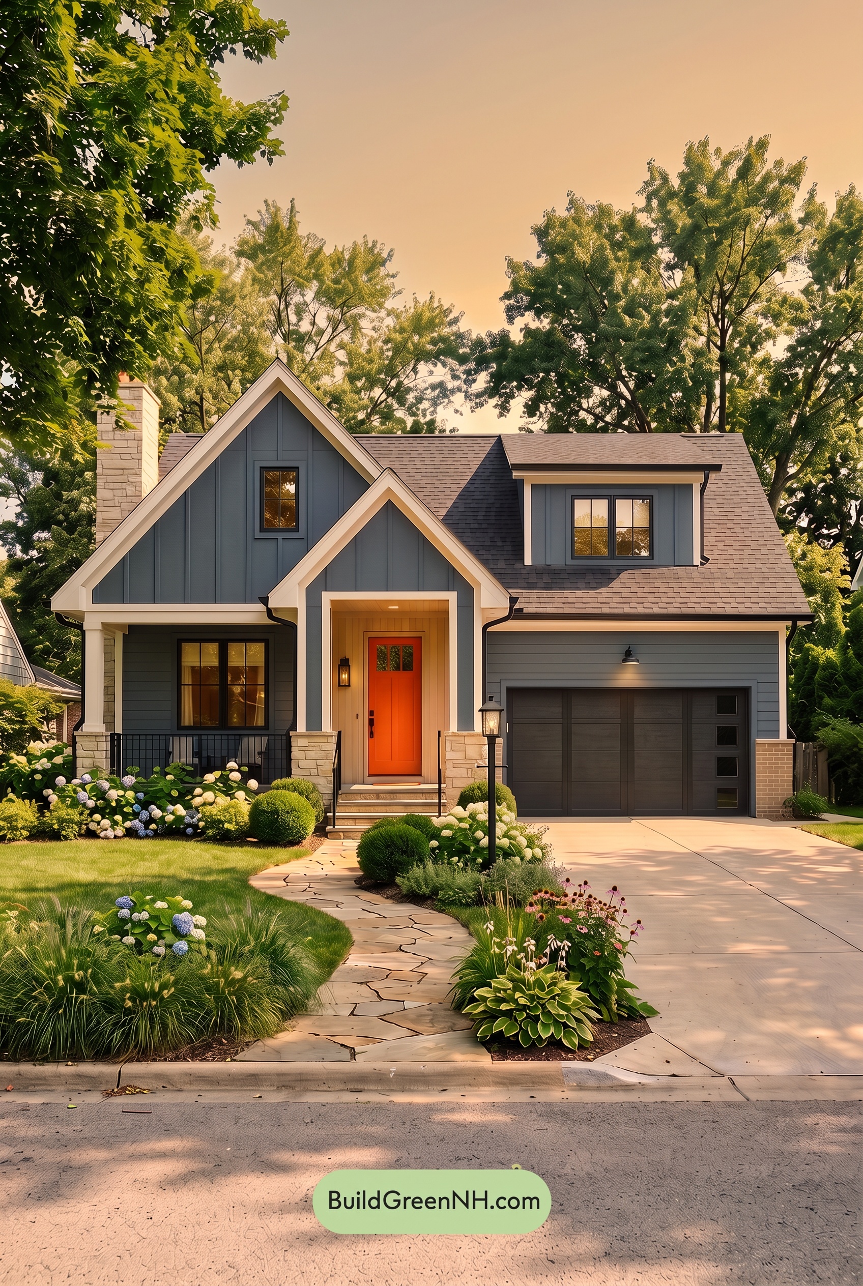 Blue House Front Door Color Scheme: Cobalt Persimmon - Golden Hour