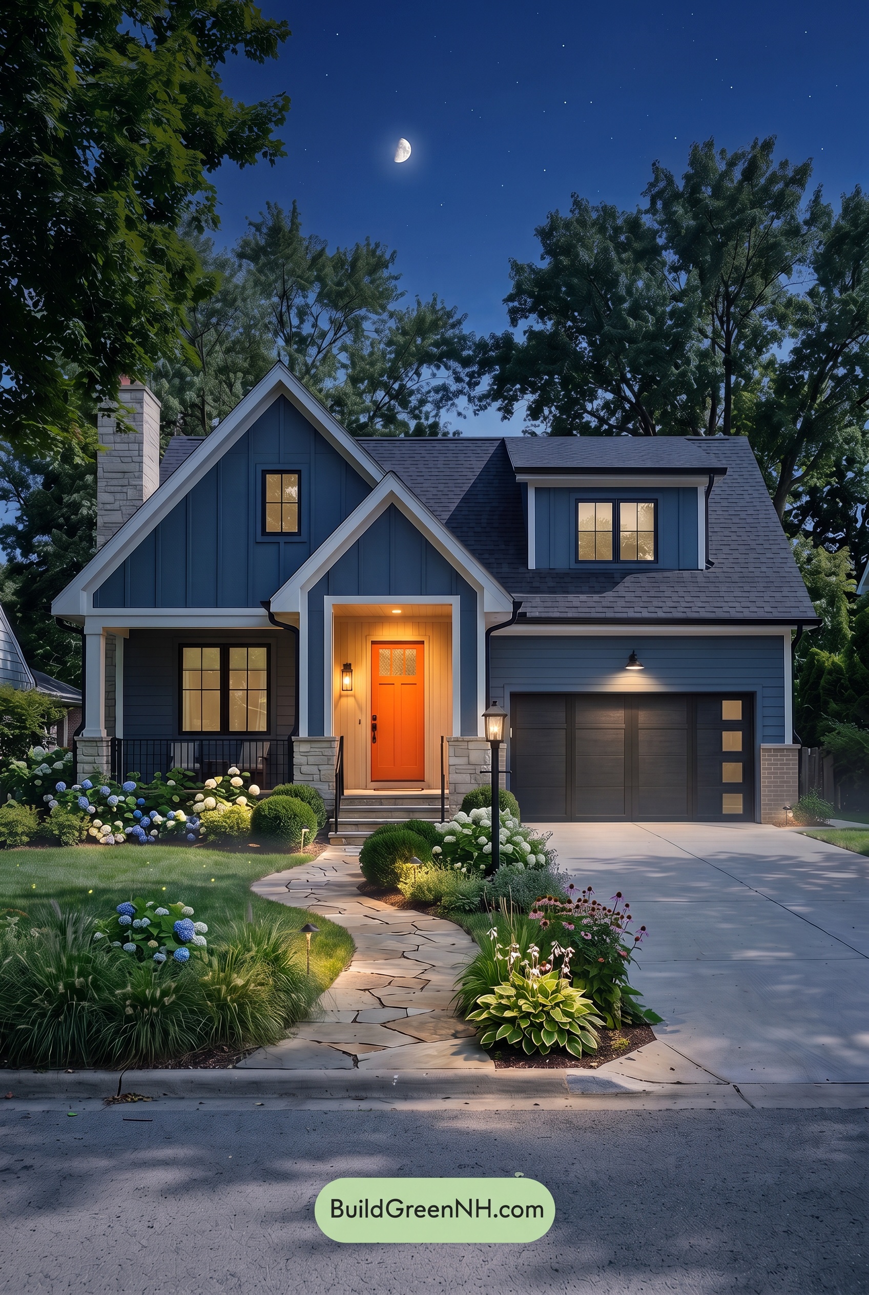 Blue House Front Door Color Scheme: Cobalt Persimmon - Nighttime
