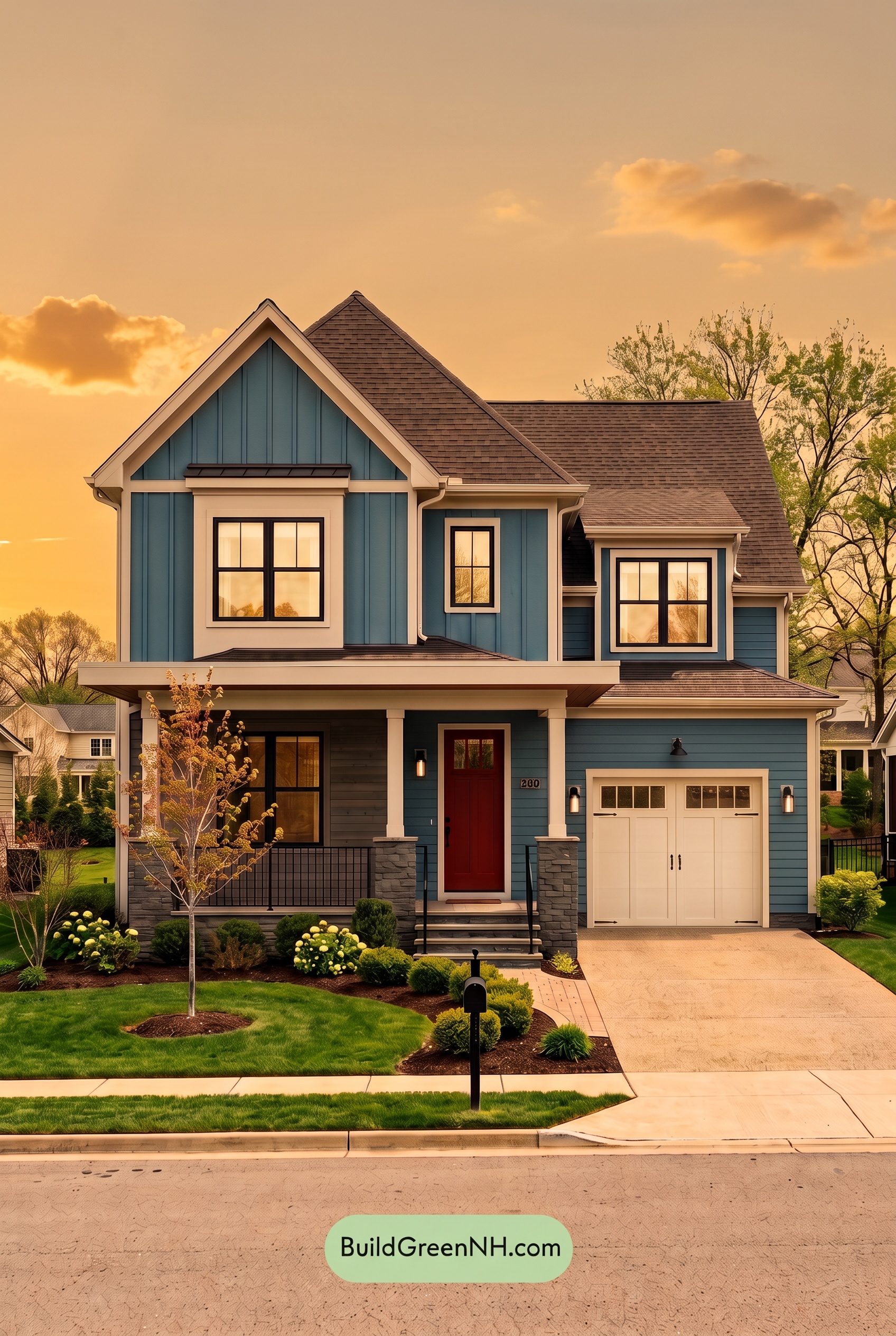 Blue House Front Door Color Scheme: Denim Poppy - Golden Hour