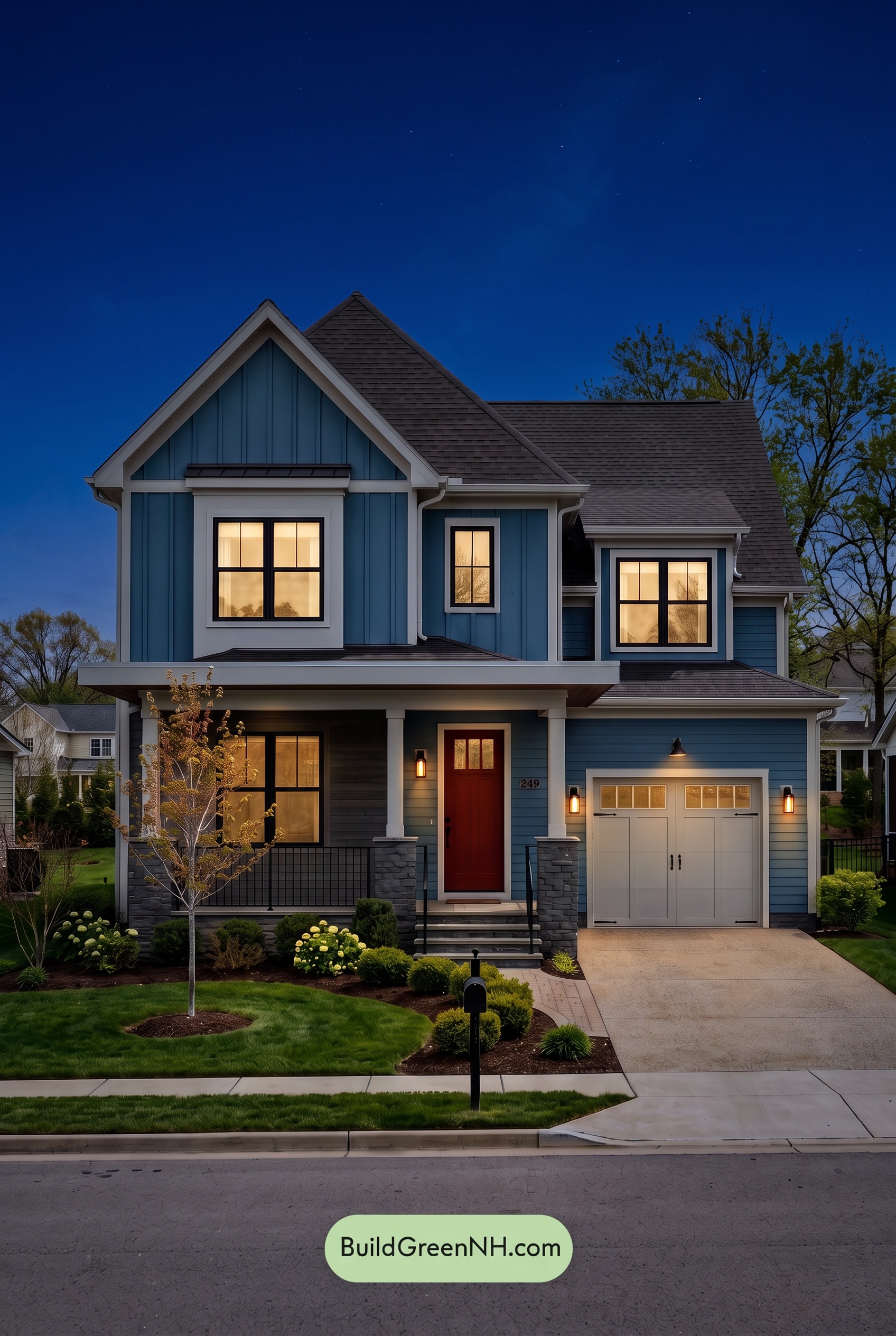 Blue House Front Door Color Scheme: Denim Poppy - Nighttime