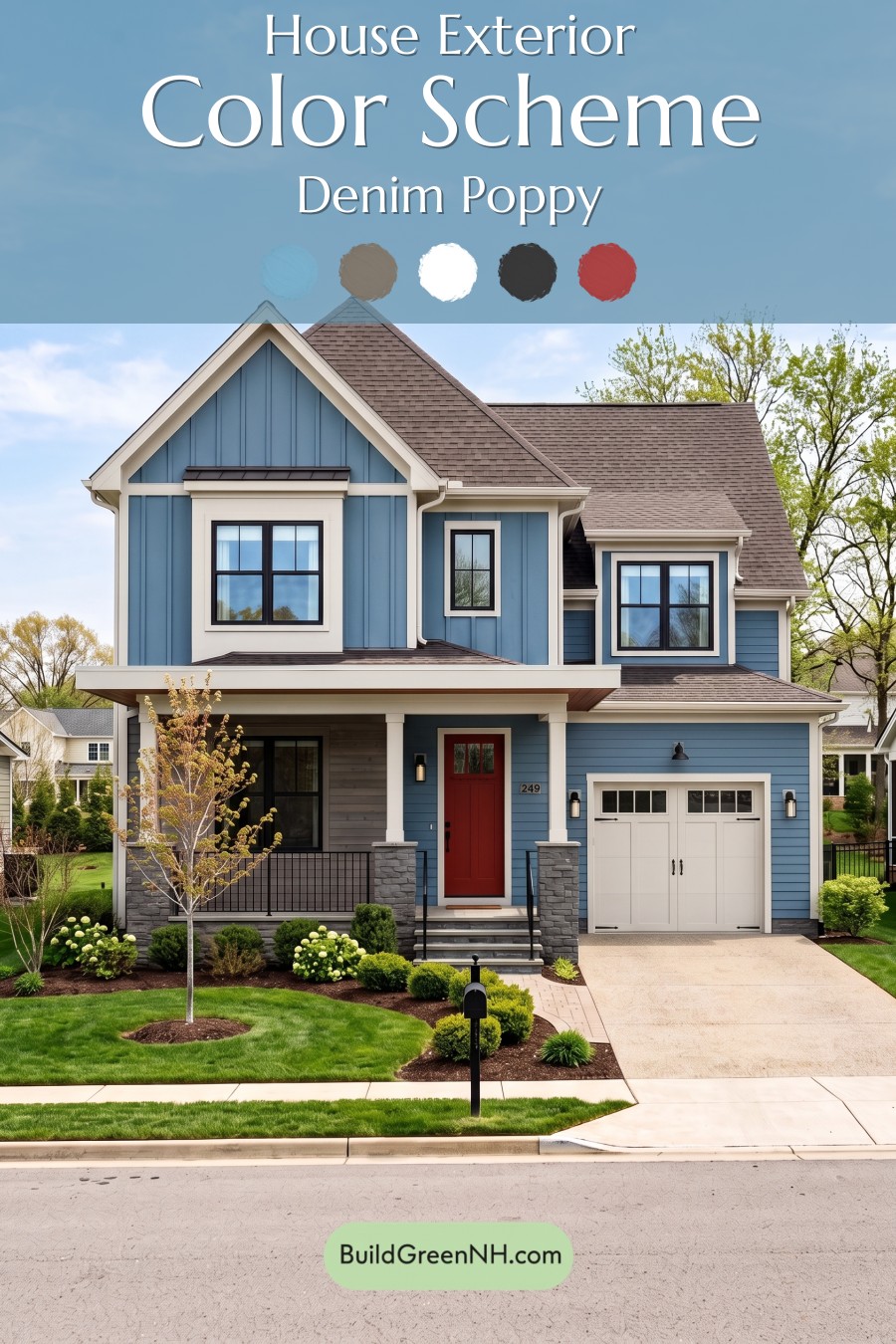 Blue House Front Door Color Scheme: Denim Poppy