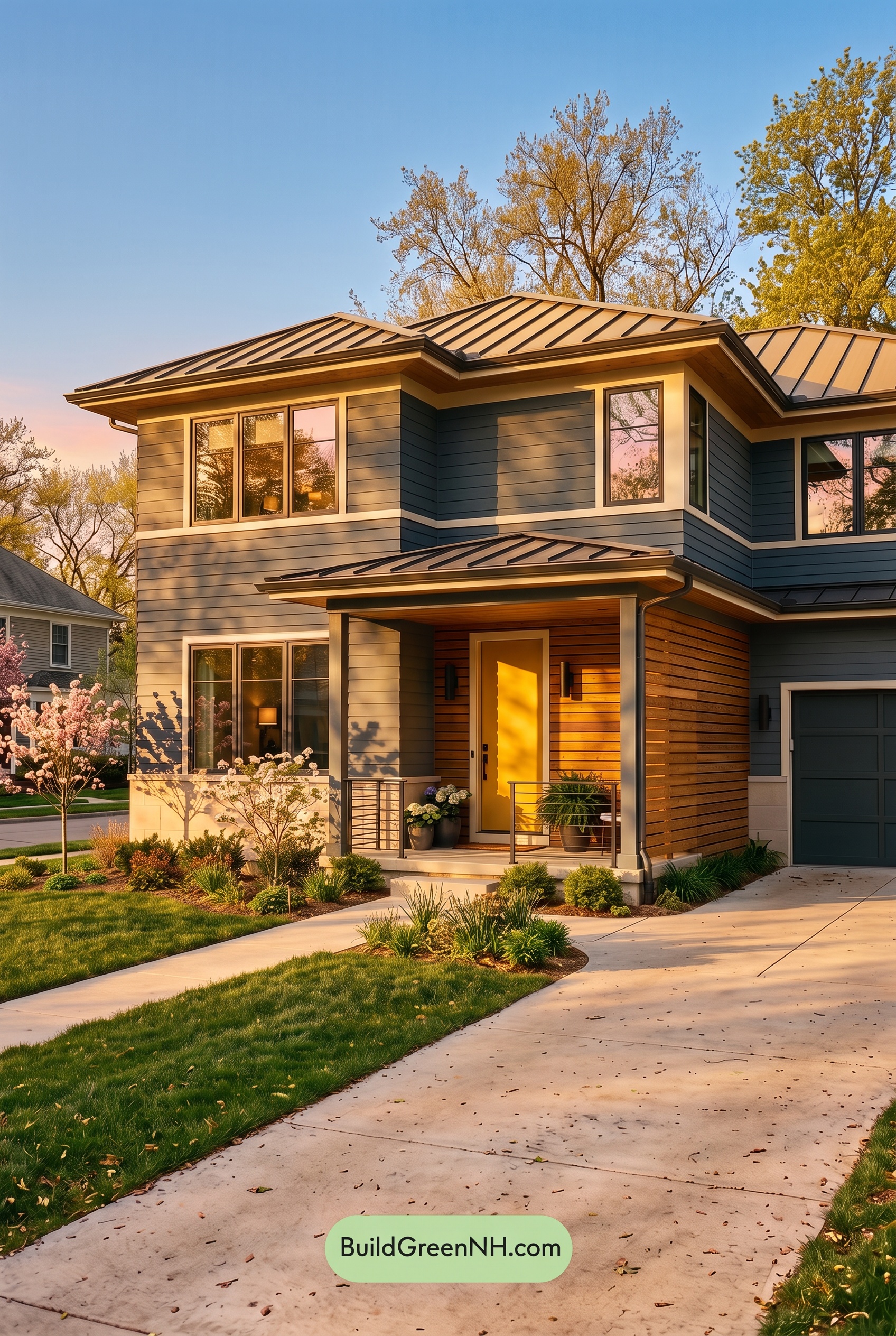 Blue House Front Door Color Scheme: Harbor Saffron - Golden Hour