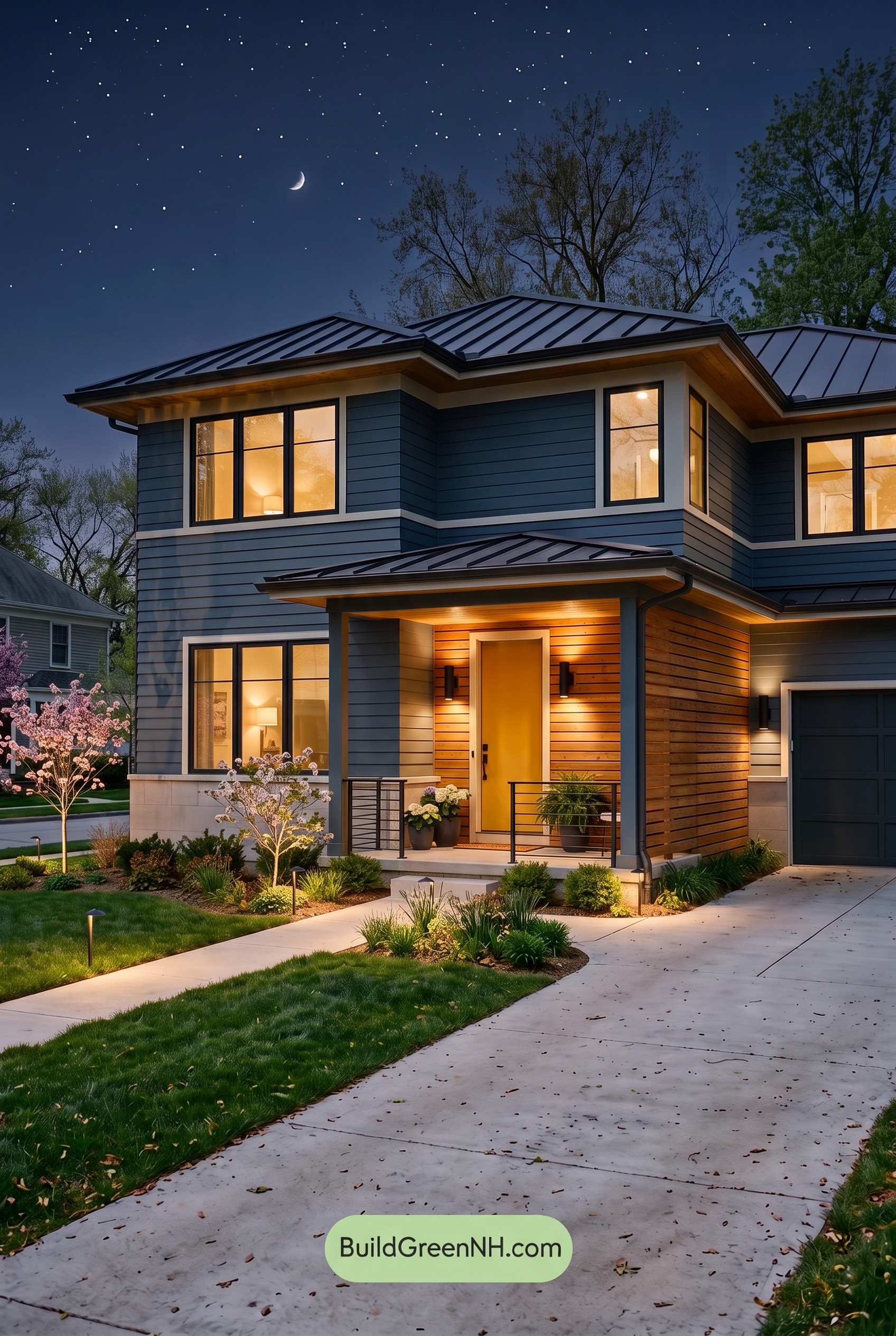 Blue House Front Door Color Scheme: Harbor Saffron - Nighttime
