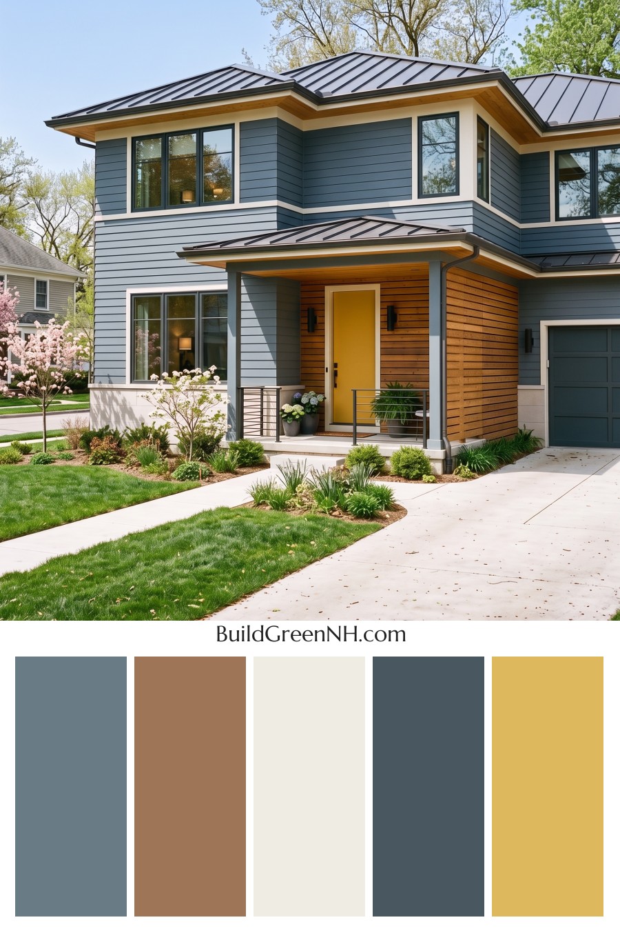 Blue House Front Door Color Scheme: Harbor Saffron