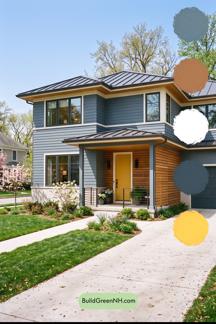 Blue House Front Door Color Scheme: Harbor Saffron