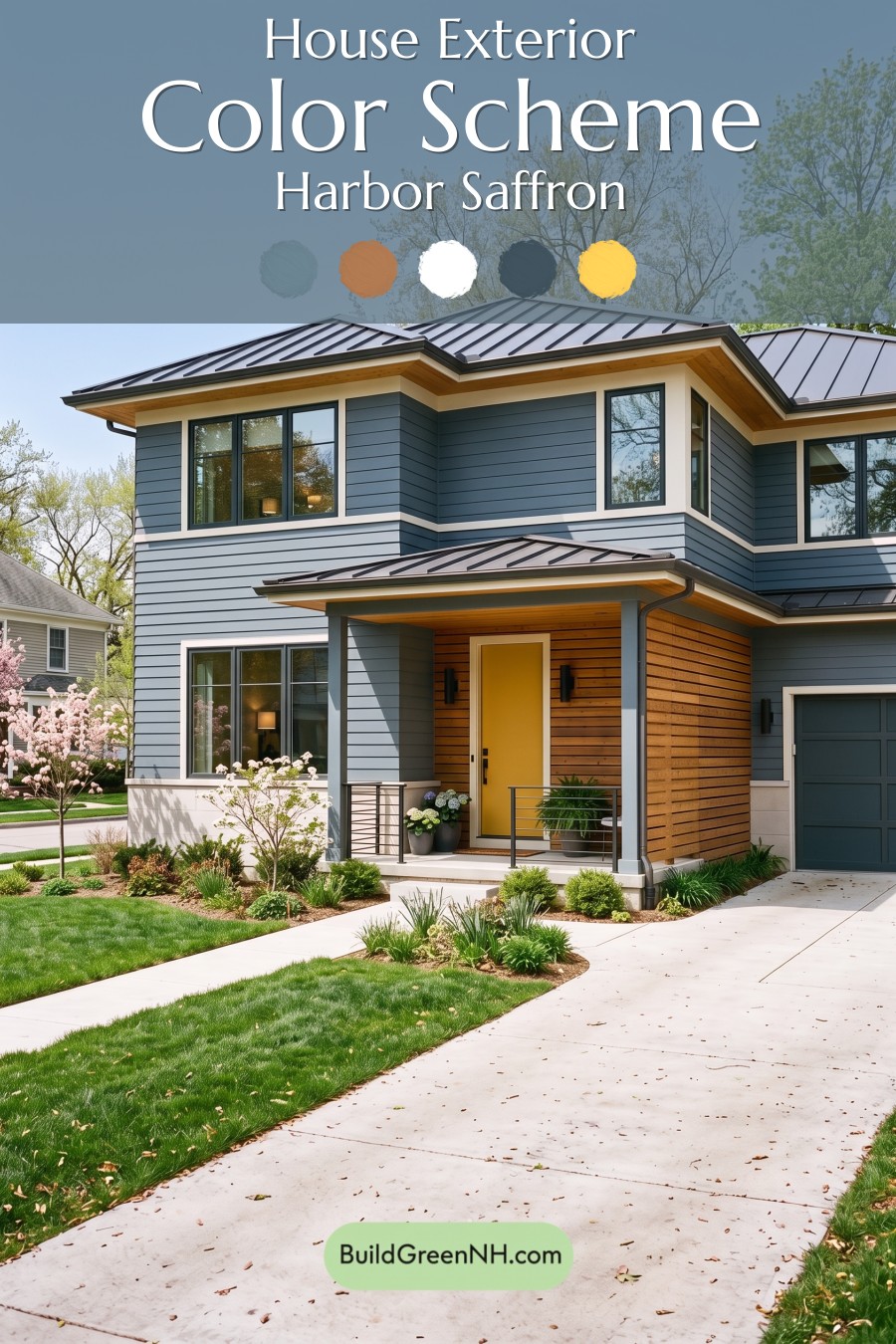 Blue House Front Door Color Scheme: Harbor Saffron
