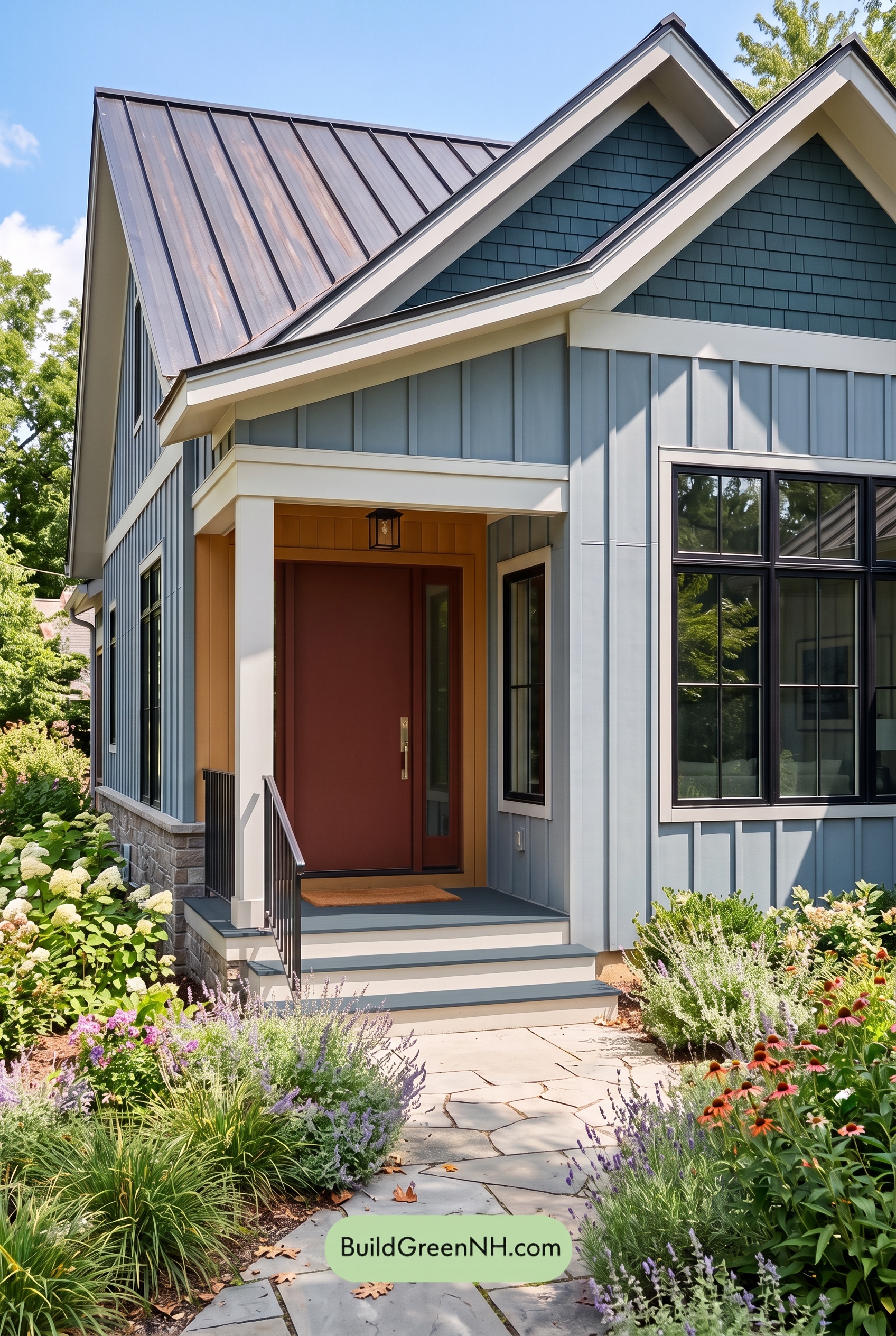 Blue House Front Door Color Scheme: Harbor Scarlet Hearth