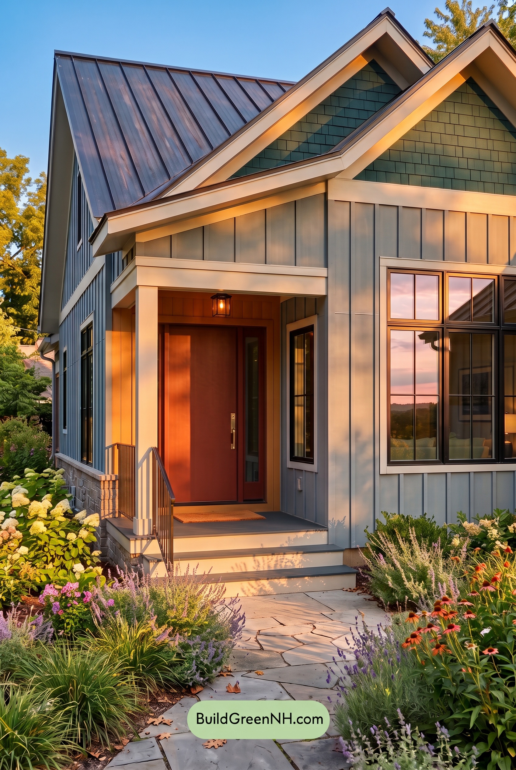 Blue House Front Door Color Scheme: Harbor Scarlet Hearth - Golden Hour
