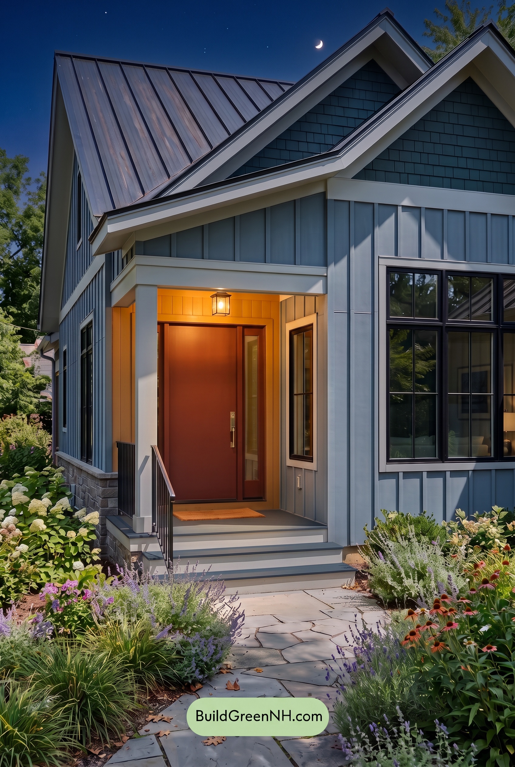 Blue House Front Door Color Scheme: Harbor Scarlet Hearth - Nighttime