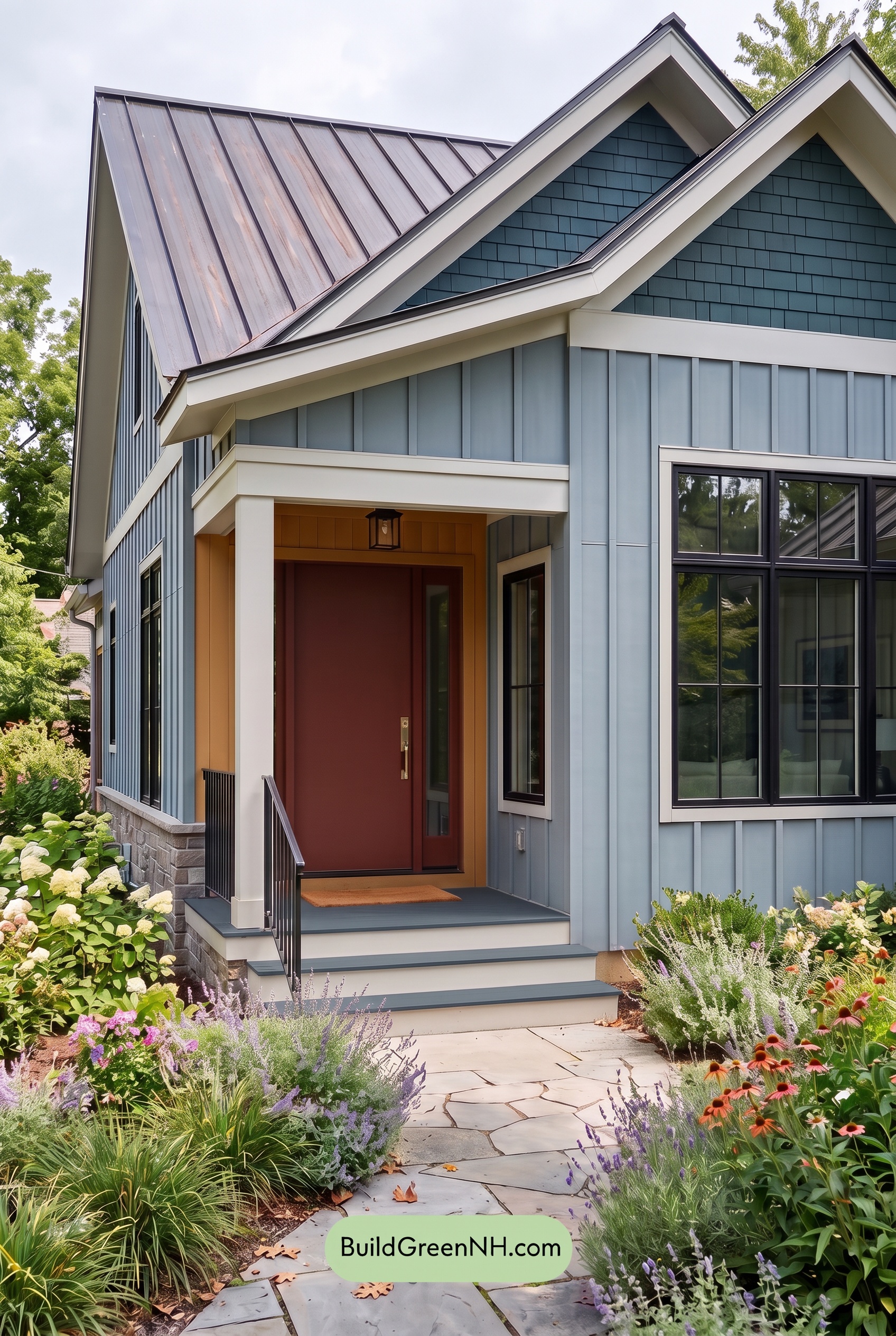 Blue House Front Door Color Scheme: Harbor Scarlet Hearth - Overcast