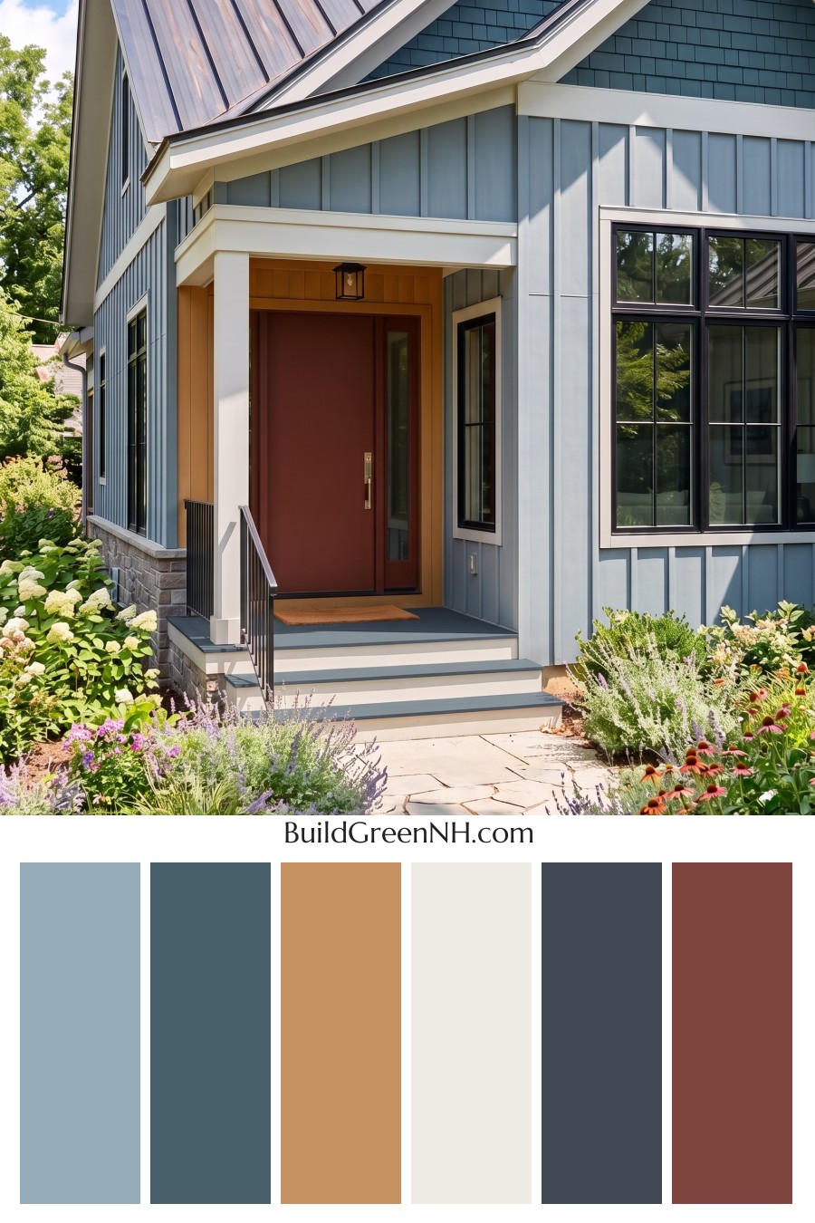 Blue House Front Door Color Scheme: Harbor Scarlet Hearth