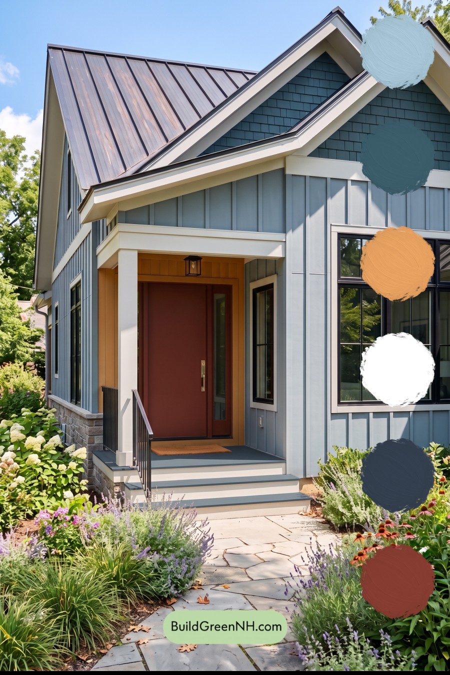 Blue House Front Door Color Scheme: Harbor Scarlet Hearth