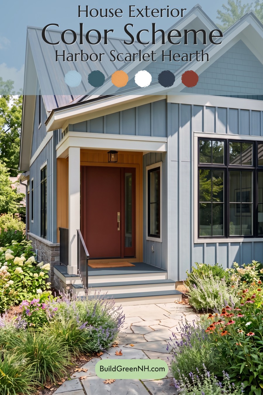 Blue House Front Door Color Scheme: Harbor Scarlet Hearth