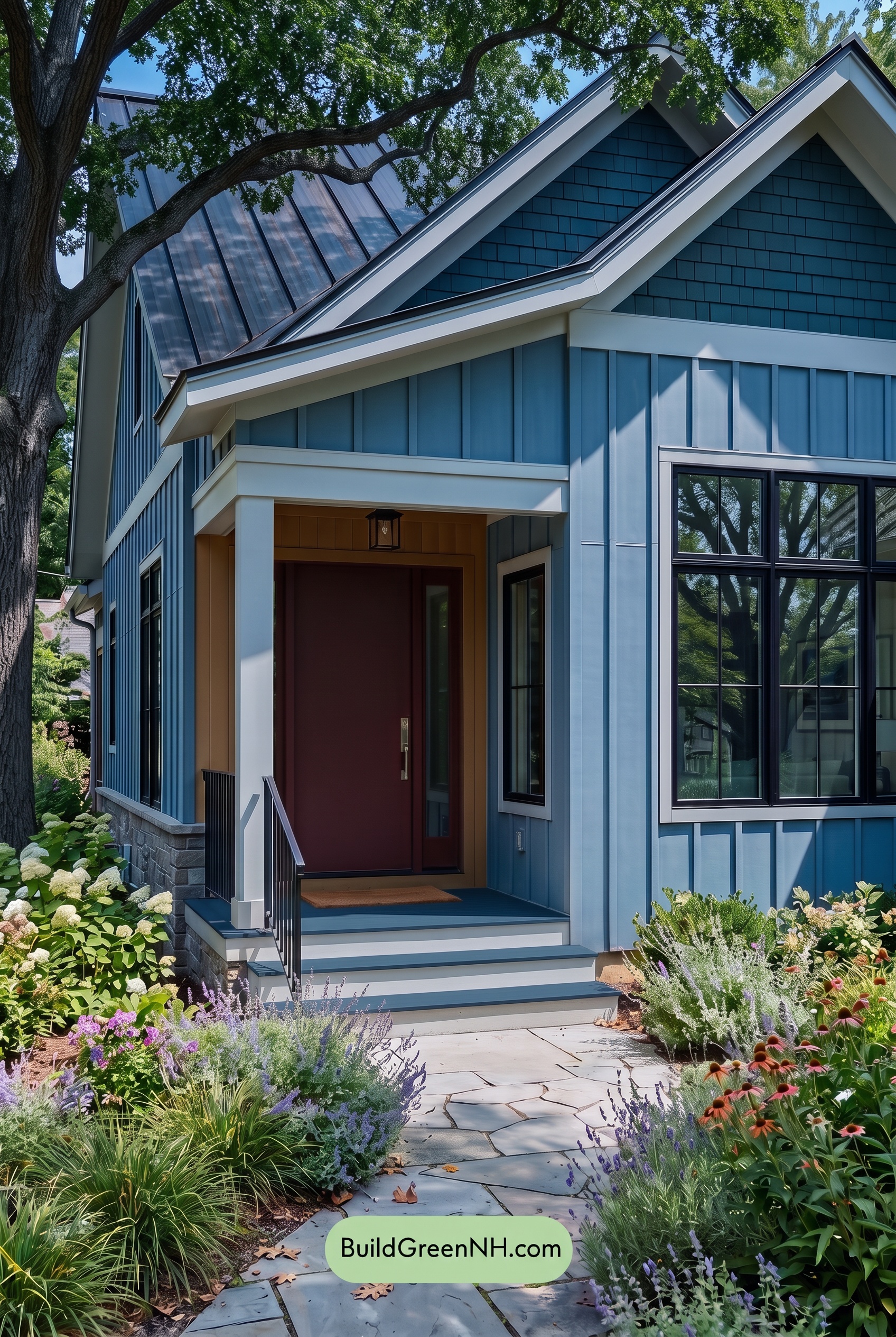 Blue House Front Door Color Scheme: Harbor Scarlet Hearth - Shade