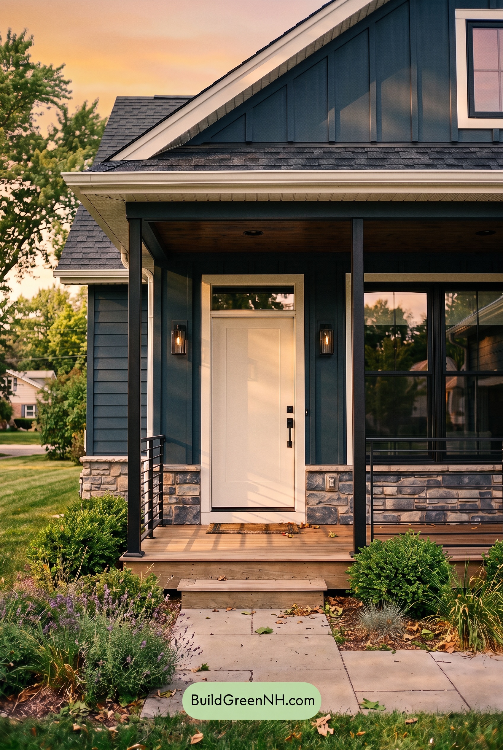 Blue House Front Door Color Scheme: Indigo Porch Light - Golden Hour