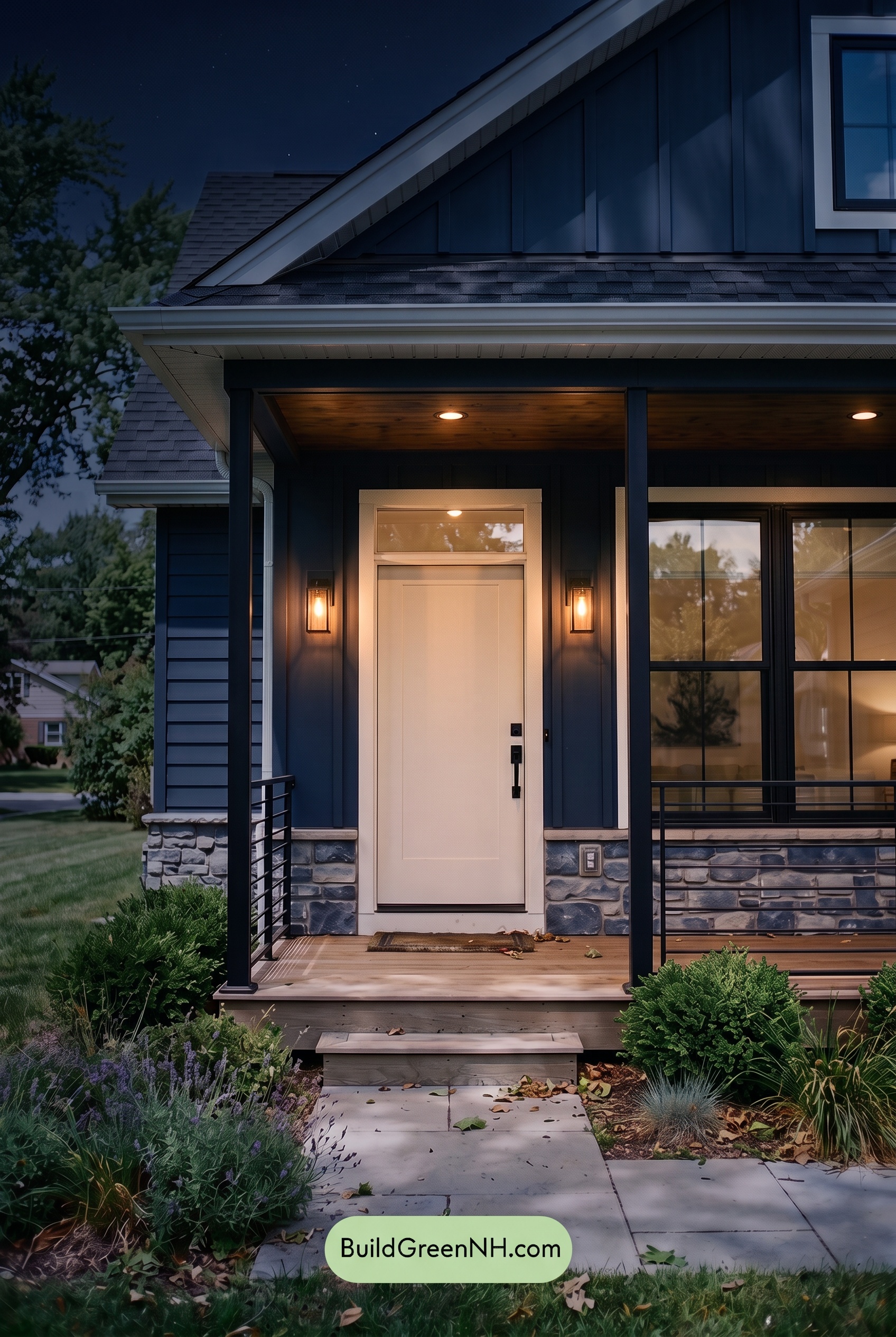 Blue House Front Door Color Scheme: Indigo Porch Light - Nighttime