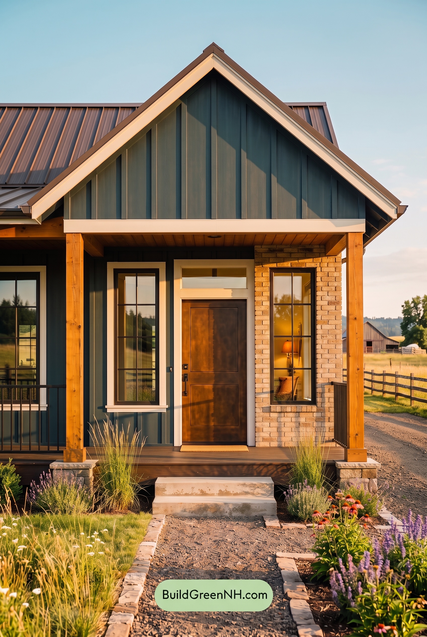 Blue House Front Door Color Scheme: Inkstone Ember Porch - Golden Hour