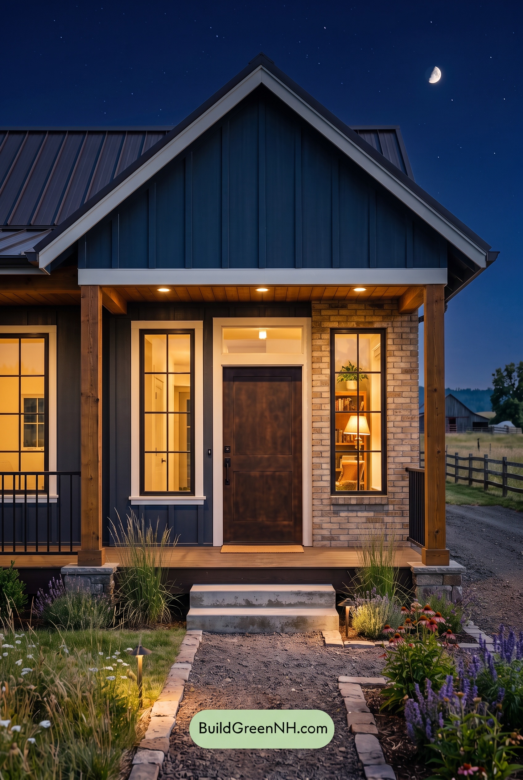 Blue House Front Door Color Scheme: Inkstone Ember Porch - Nighttime