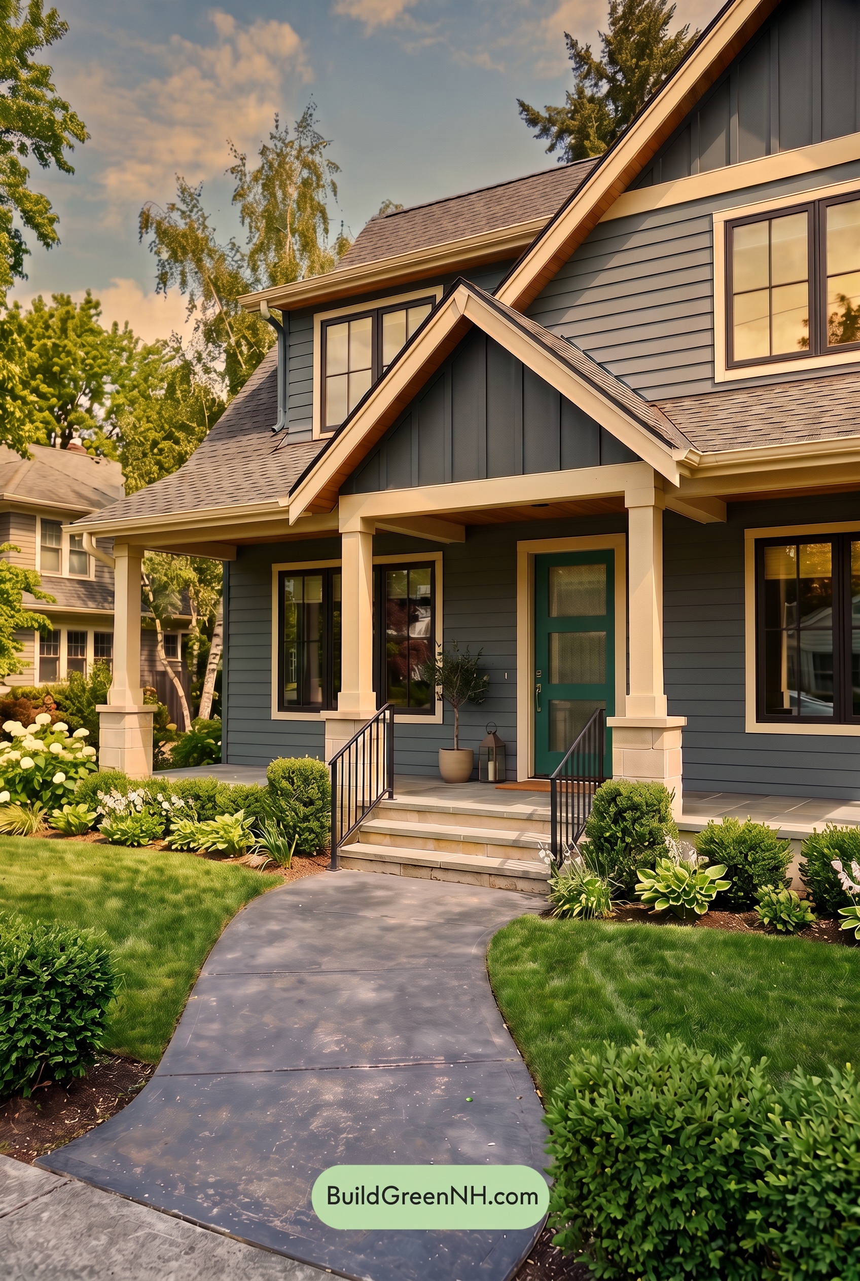 Blue House Front Door Color Scheme: Marine Jade Reverie - Golden Hour