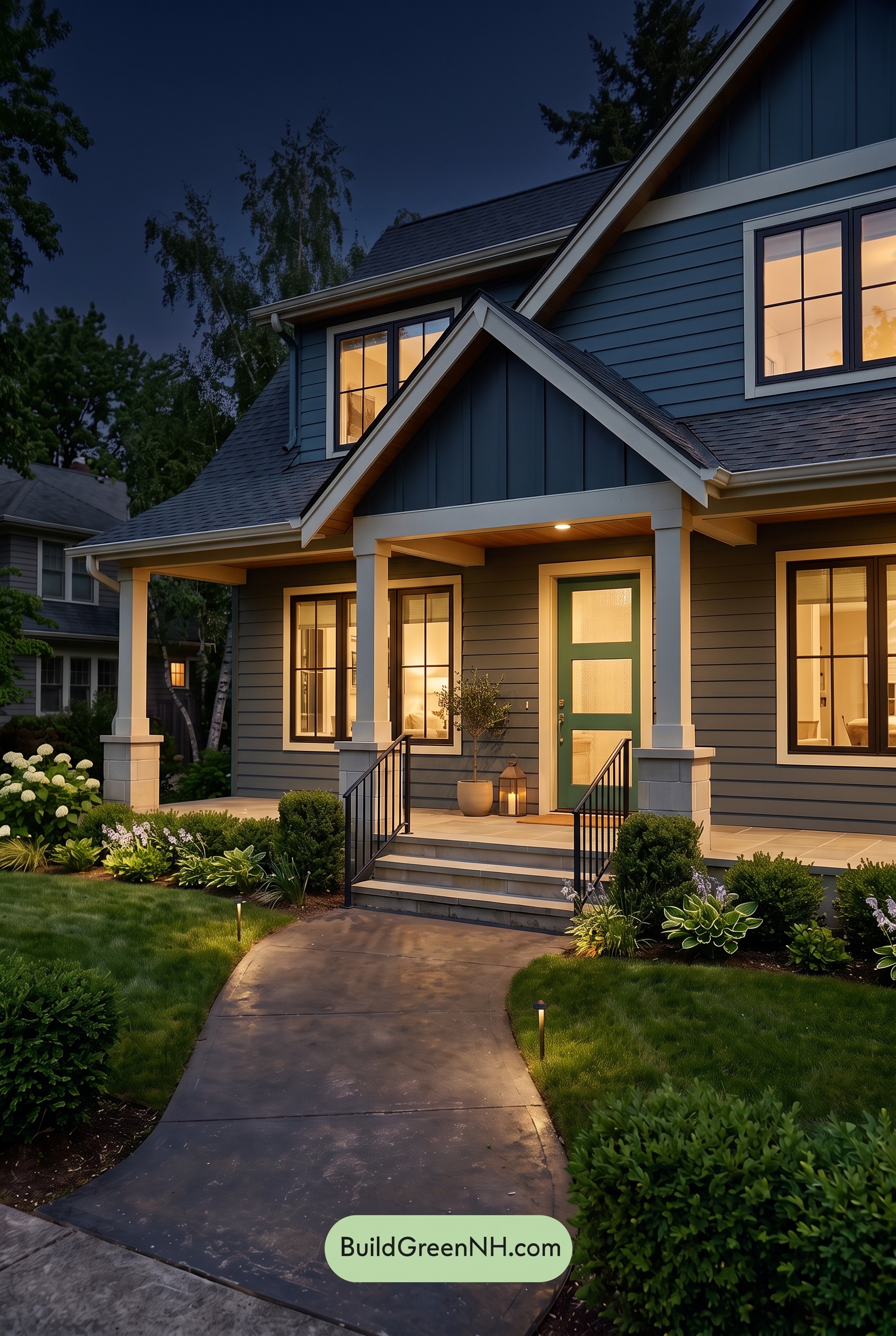 Blue House Front Door Color Scheme: Marine Jade Reverie - Nighttime