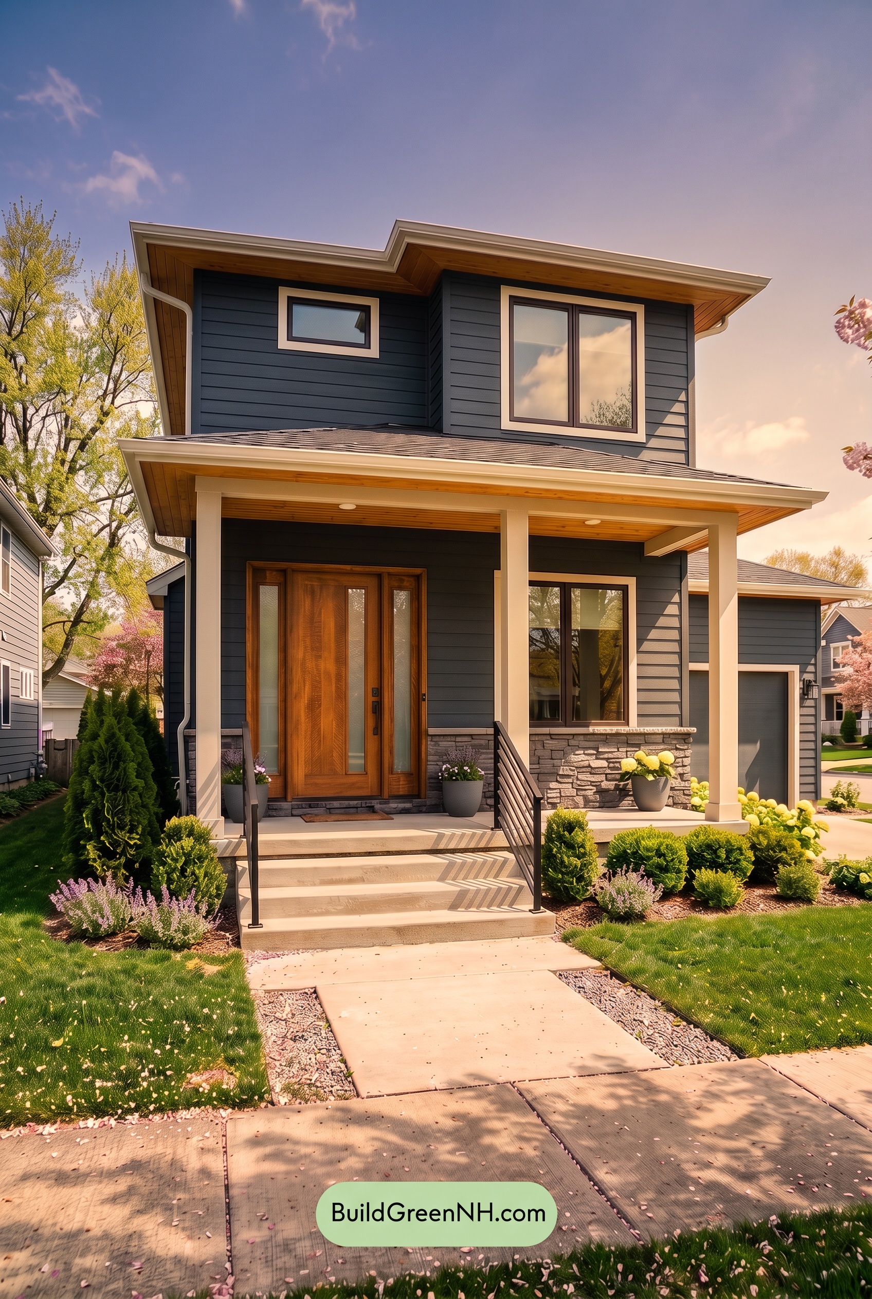 Blue House Front Door Color Scheme: Midnight Bronze Threshold - Golden Hour