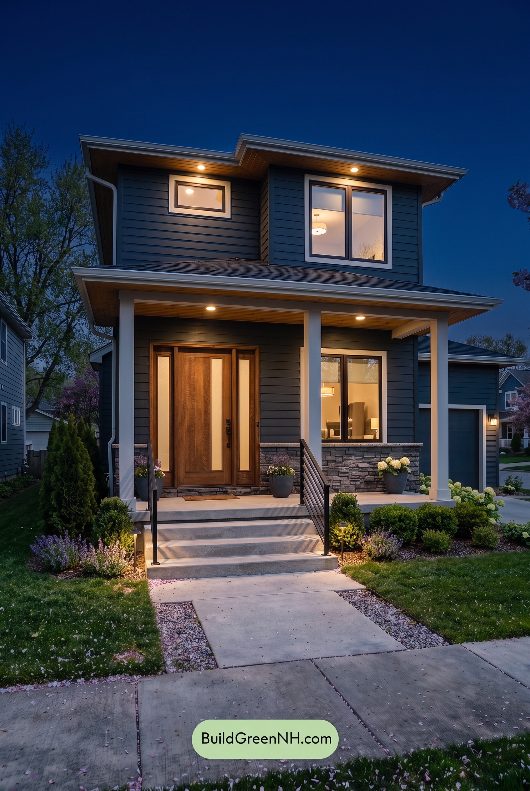 Blue House Front Door Color Scheme: Midnight Bronze Threshold - Nighttime