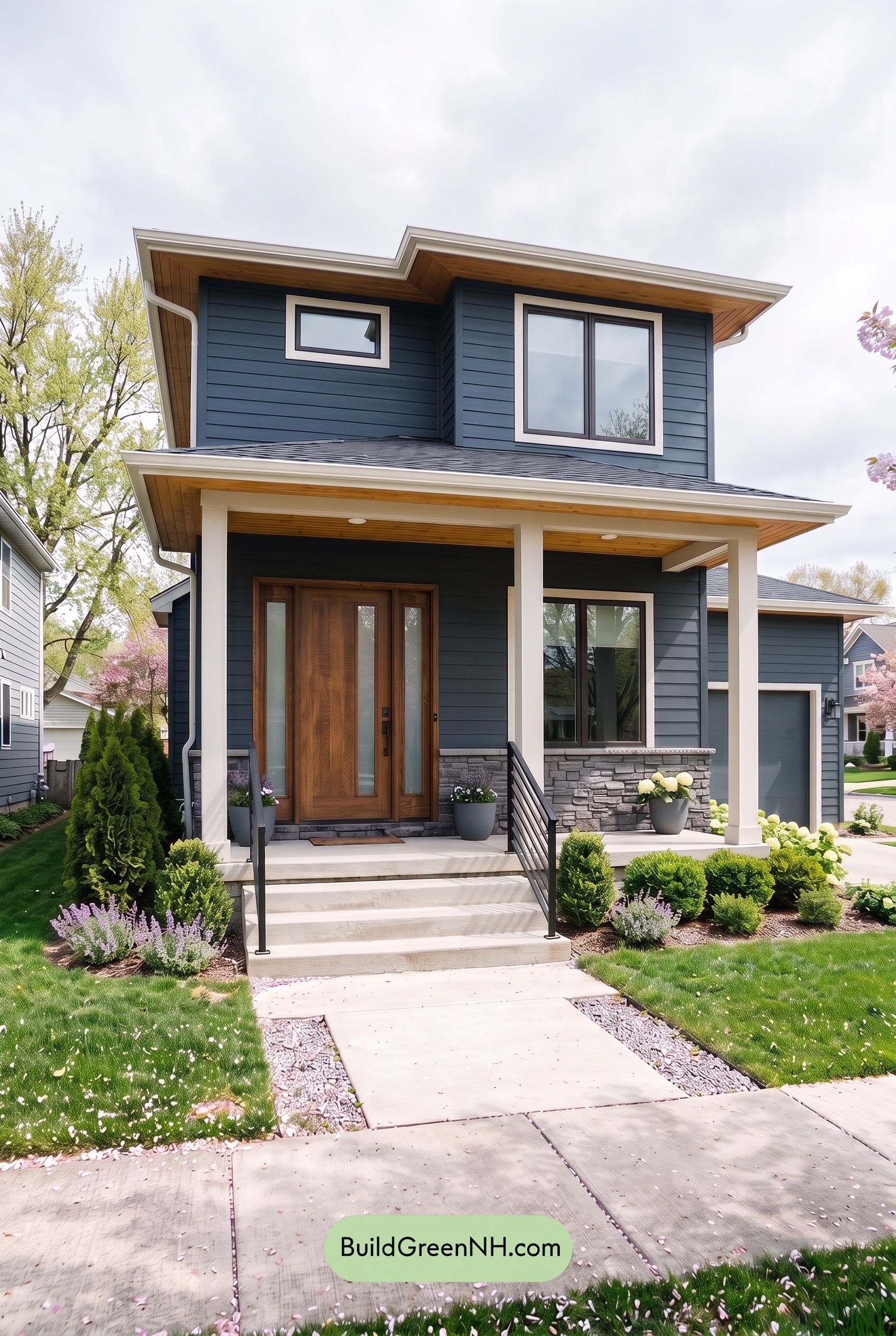 Blue House Front Door Color Scheme: Midnight Bronze Threshold - Overcast