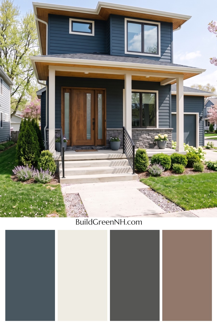 Blue House Front Door Color Scheme: Midnight Bronze Threshold