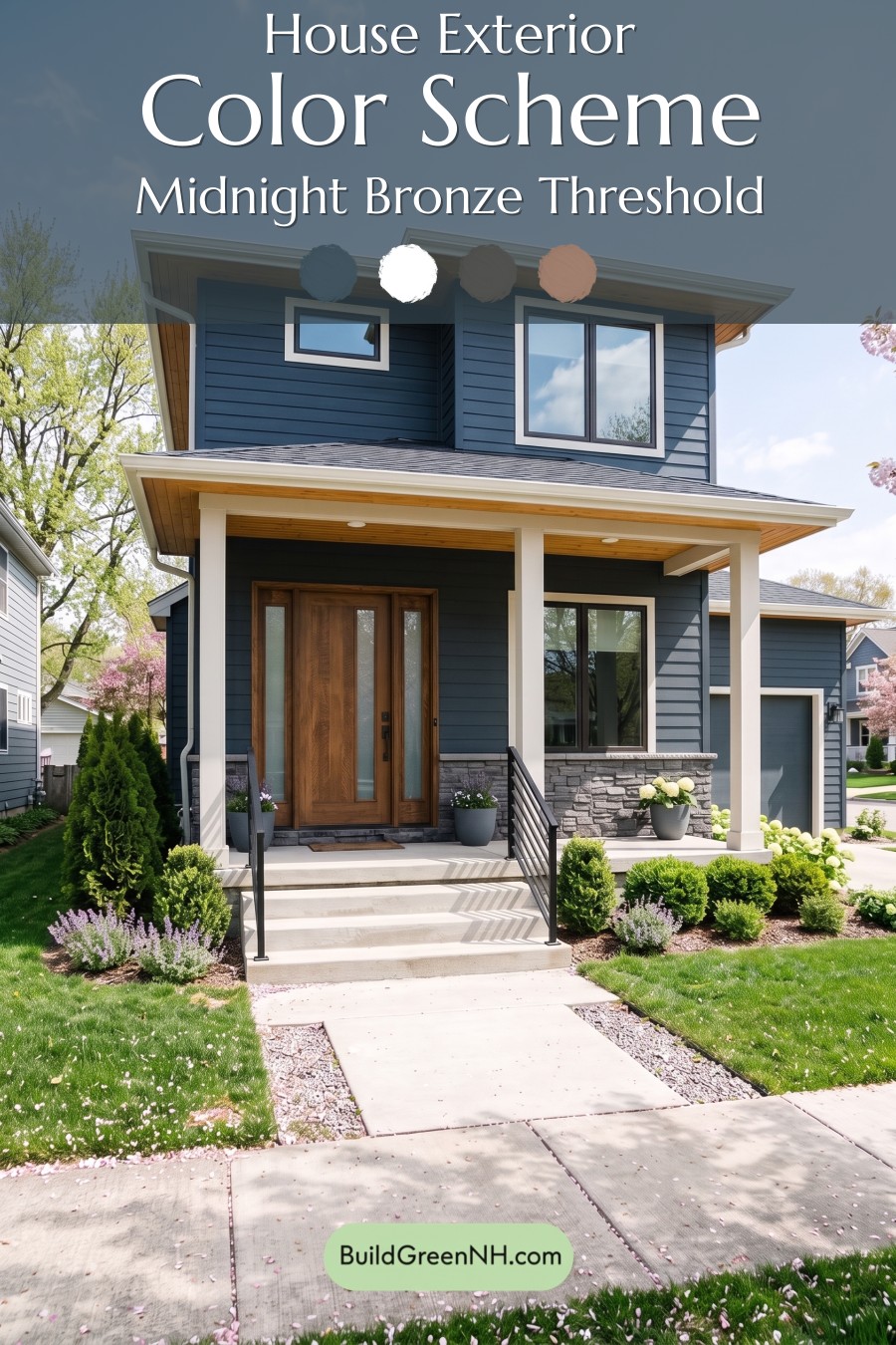 Blue House Front Door Color Scheme: Midnight Bronze Threshold