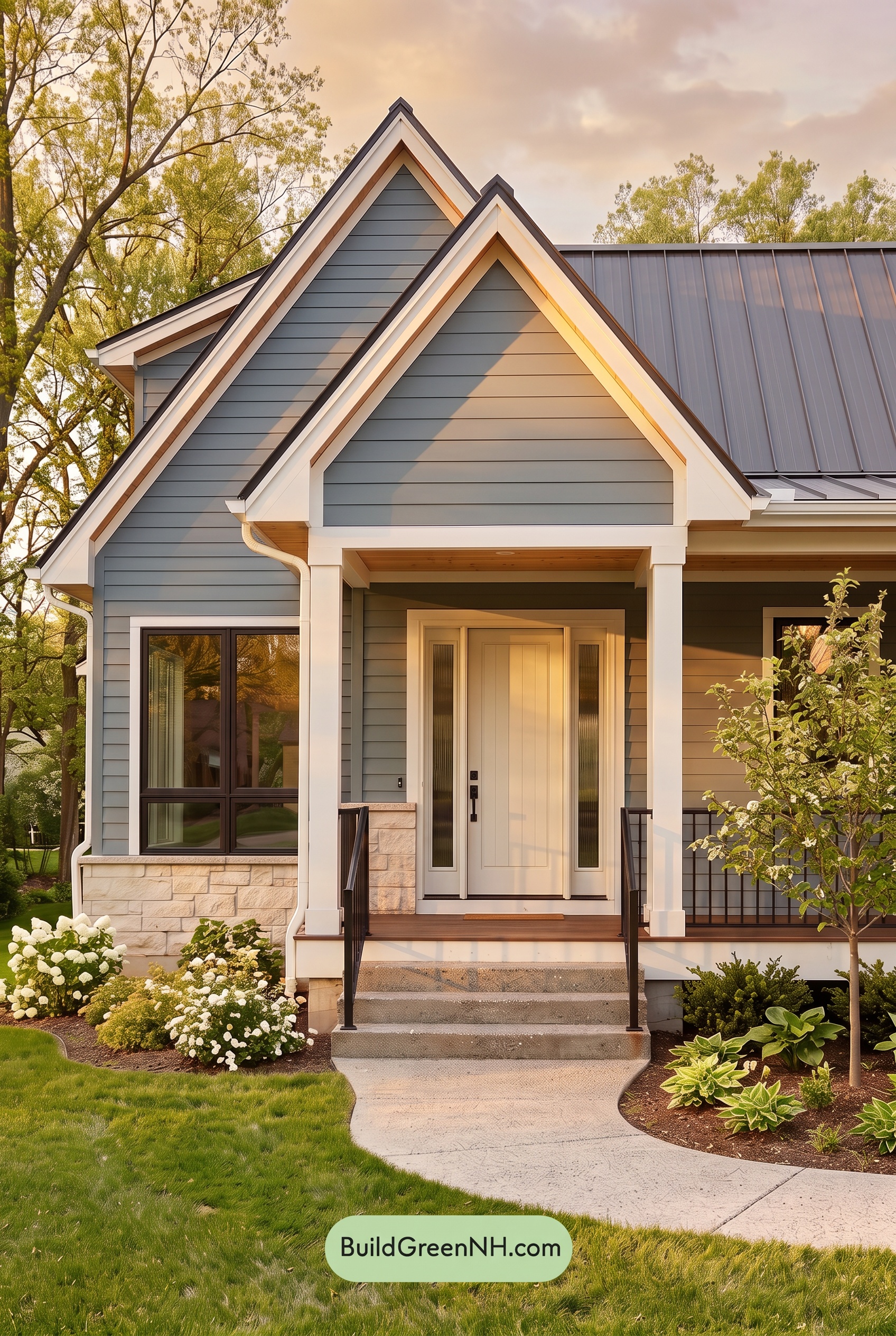 Blue House Front Door Color Scheme: Mist Blue Haven - Golden Hour