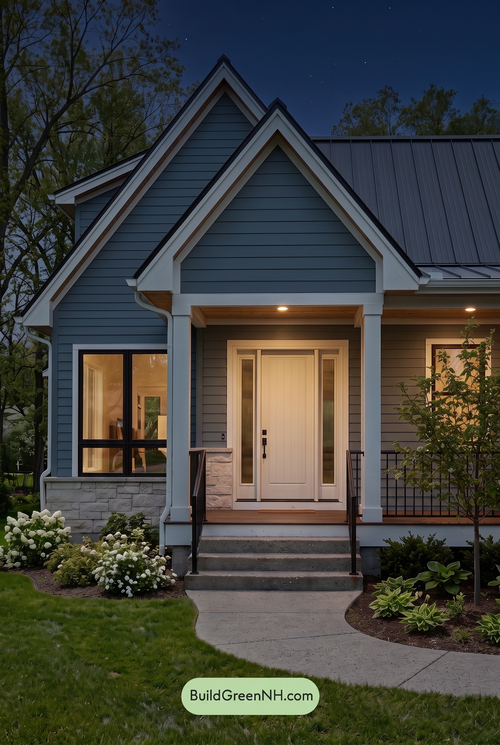 Blue House Front Door Color Scheme: Mist Blue Haven - Nighttime