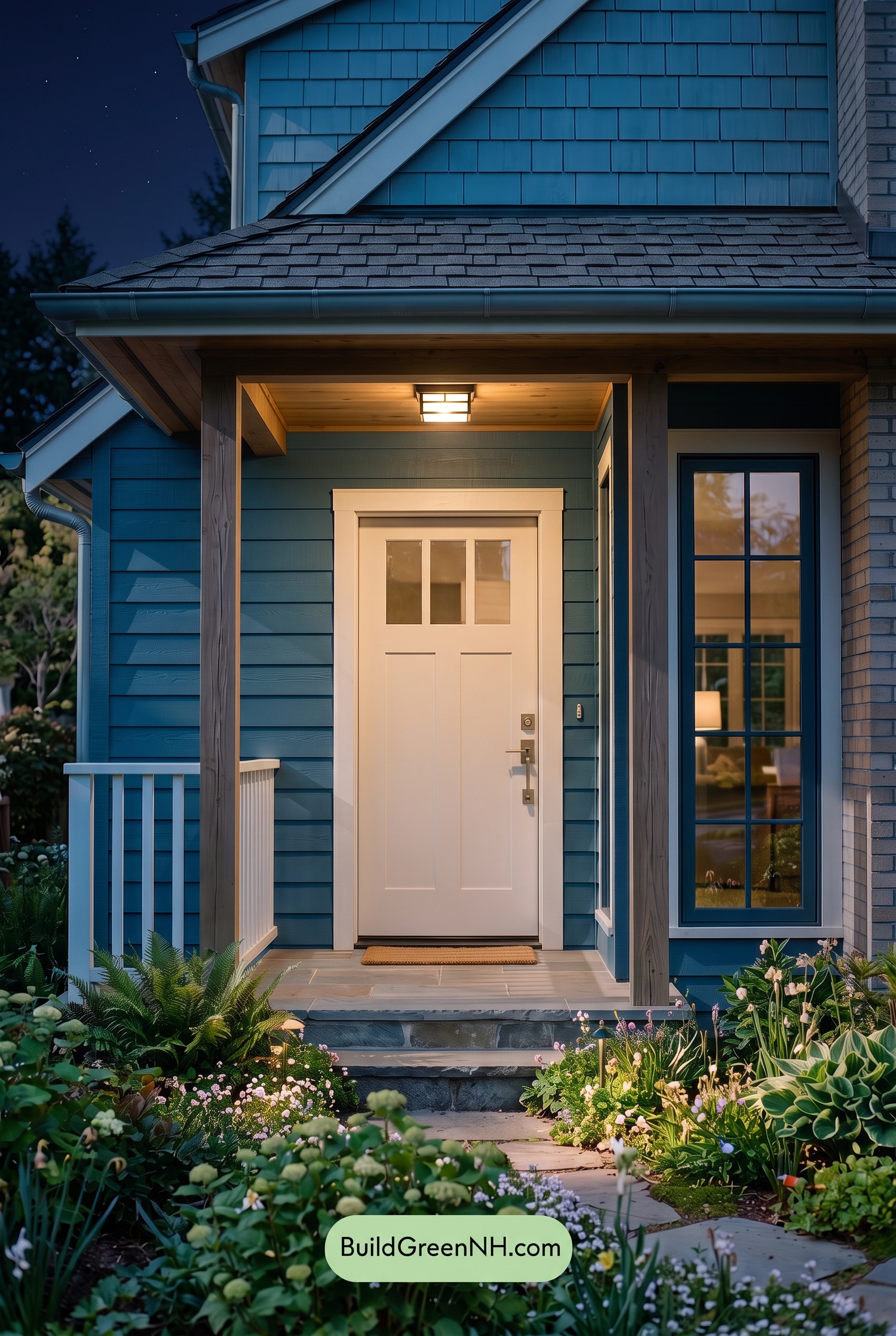 Blue House Front Door Color Scheme: Ocean Blue Hearth - Nighttime