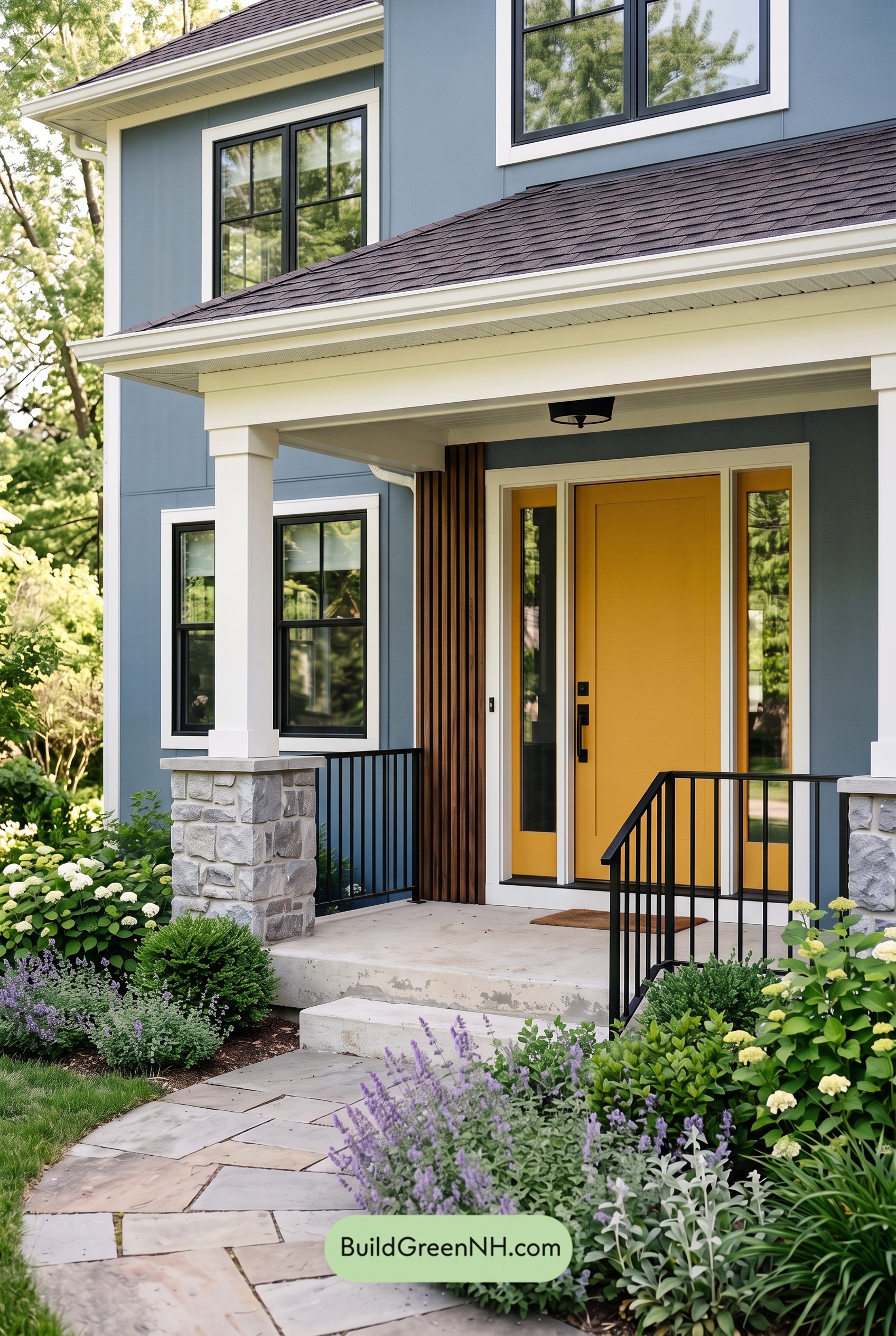 Blue House Front Door Color Scheme: Prussian Gold Veranda