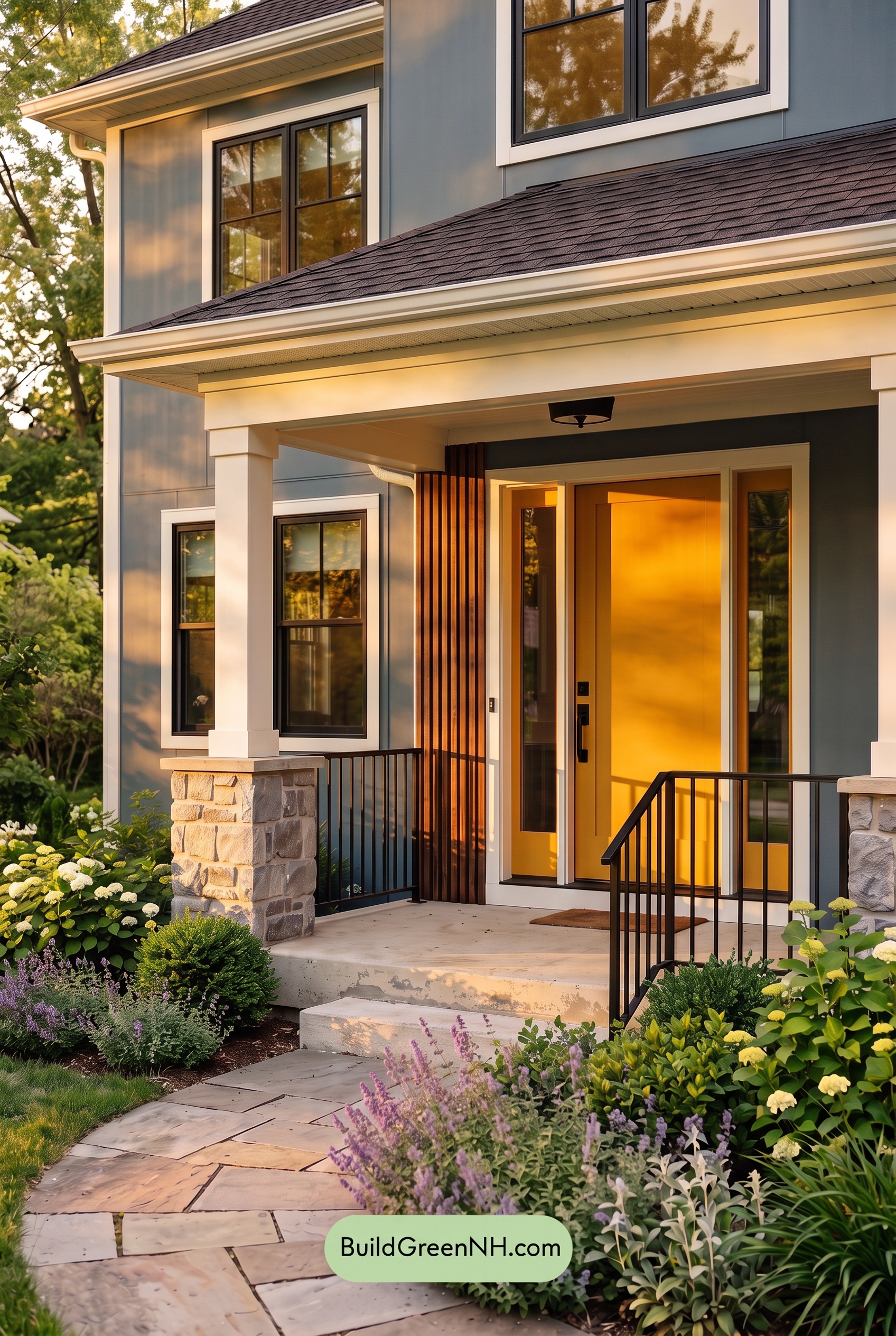 Blue House Front Door Color Scheme: Prussian Gold Veranda - Golden Hour