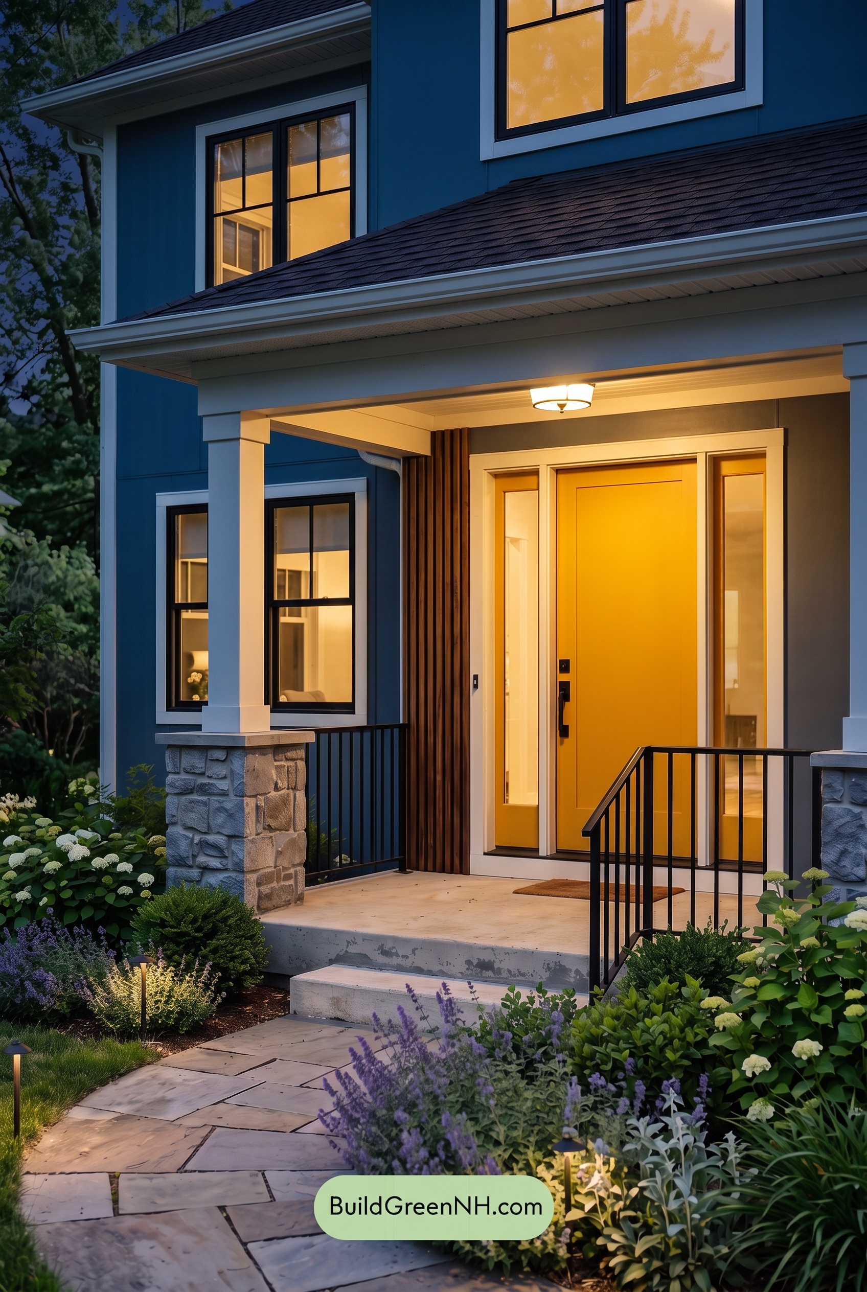 Blue House Front Door Color Scheme: Prussian Gold Veranda - Nighttime