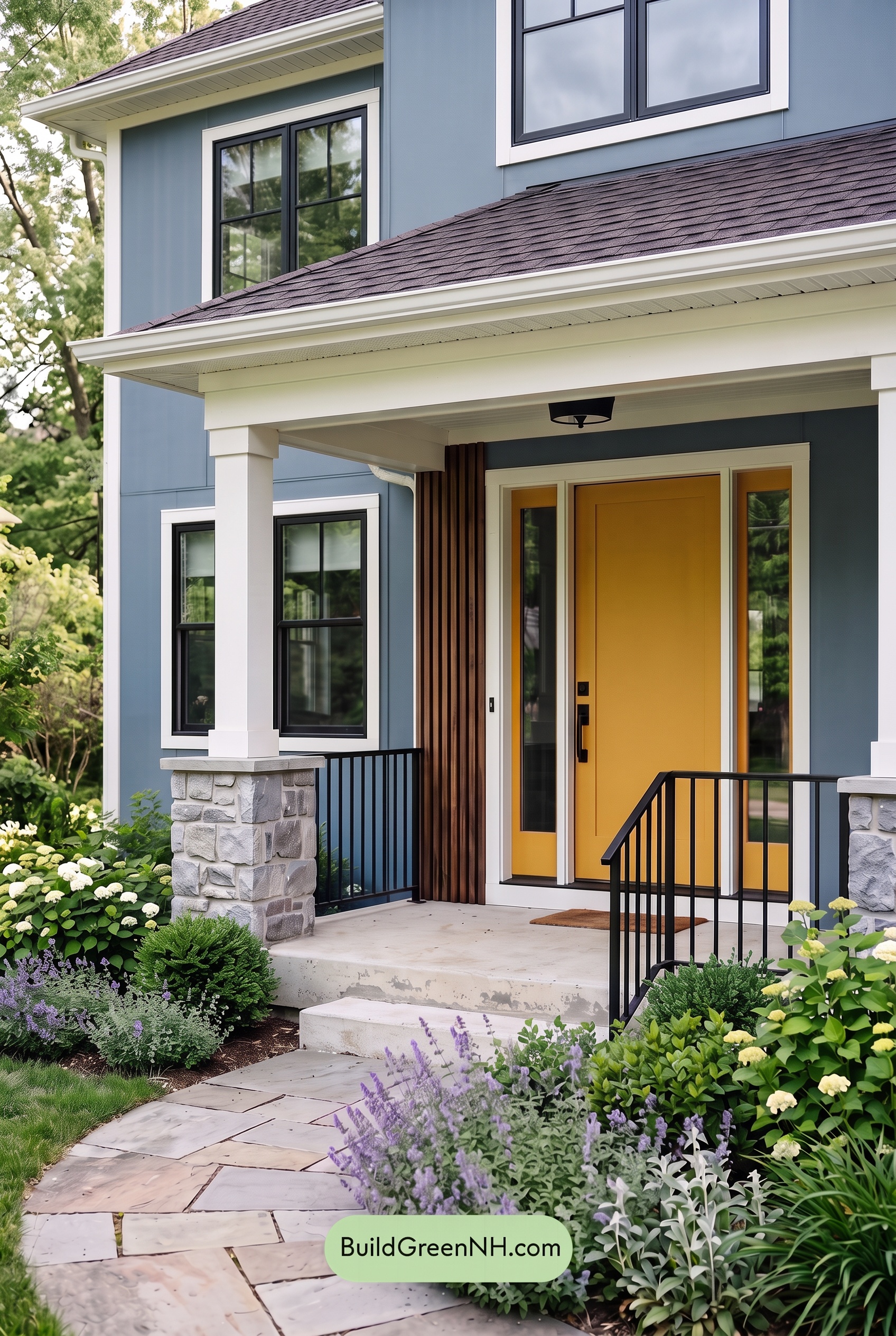Blue House Front Door Color Scheme: Prussian Gold Veranda - Overcast