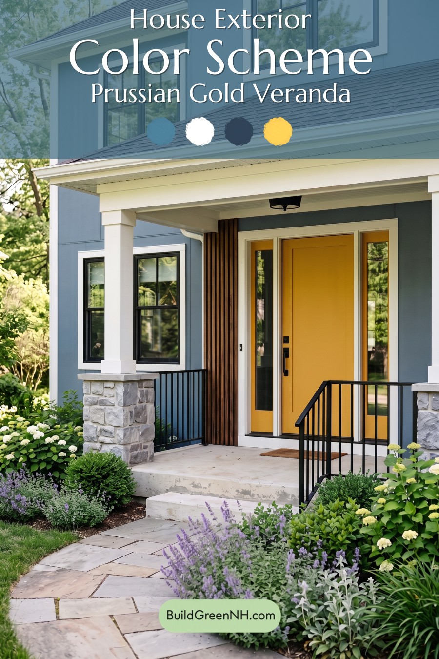 Blue House Front Door Color Scheme: Prussian Gold Veranda