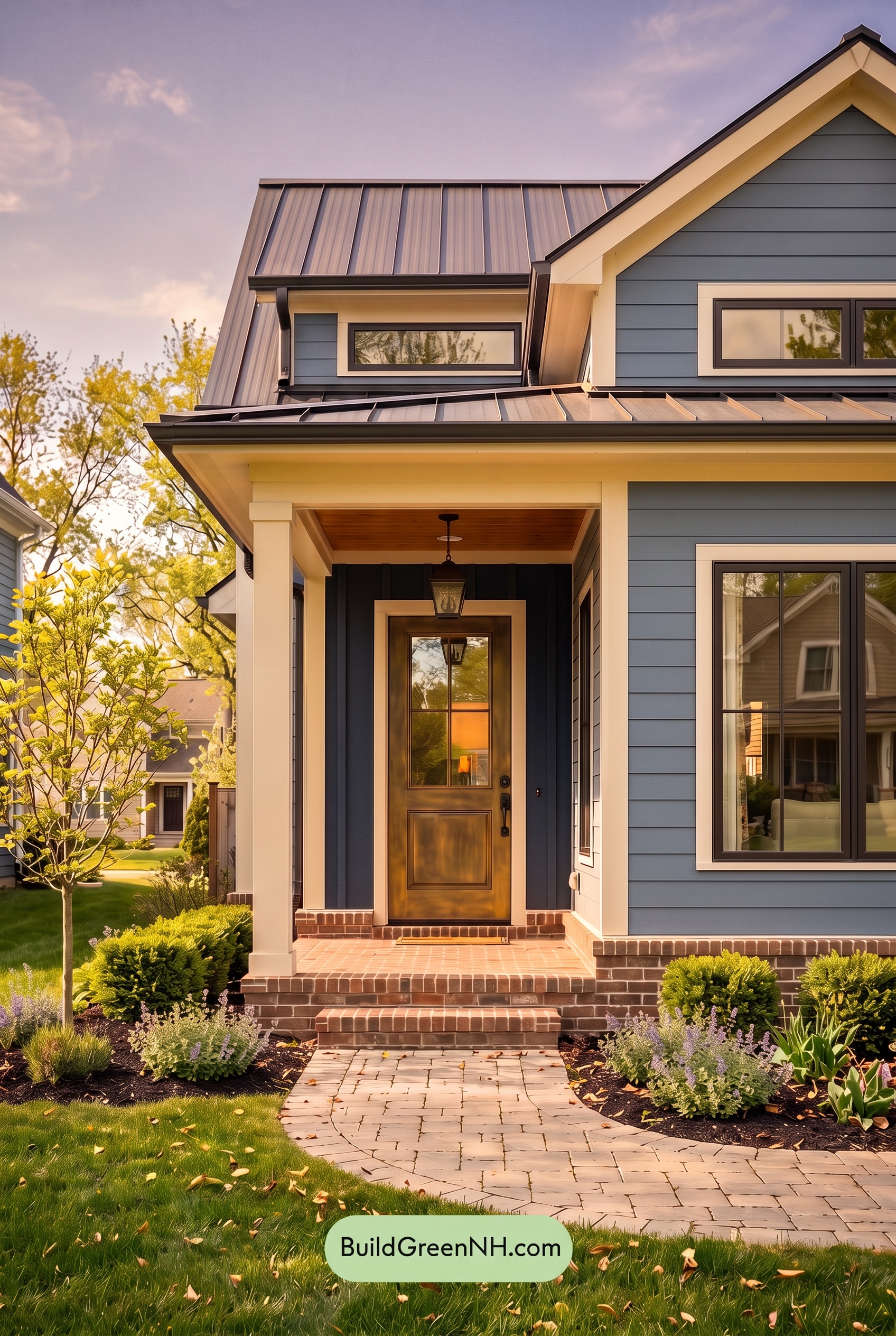 Blue House Front Door Color Scheme: Rainblue Brass Welcome - Golden Hour