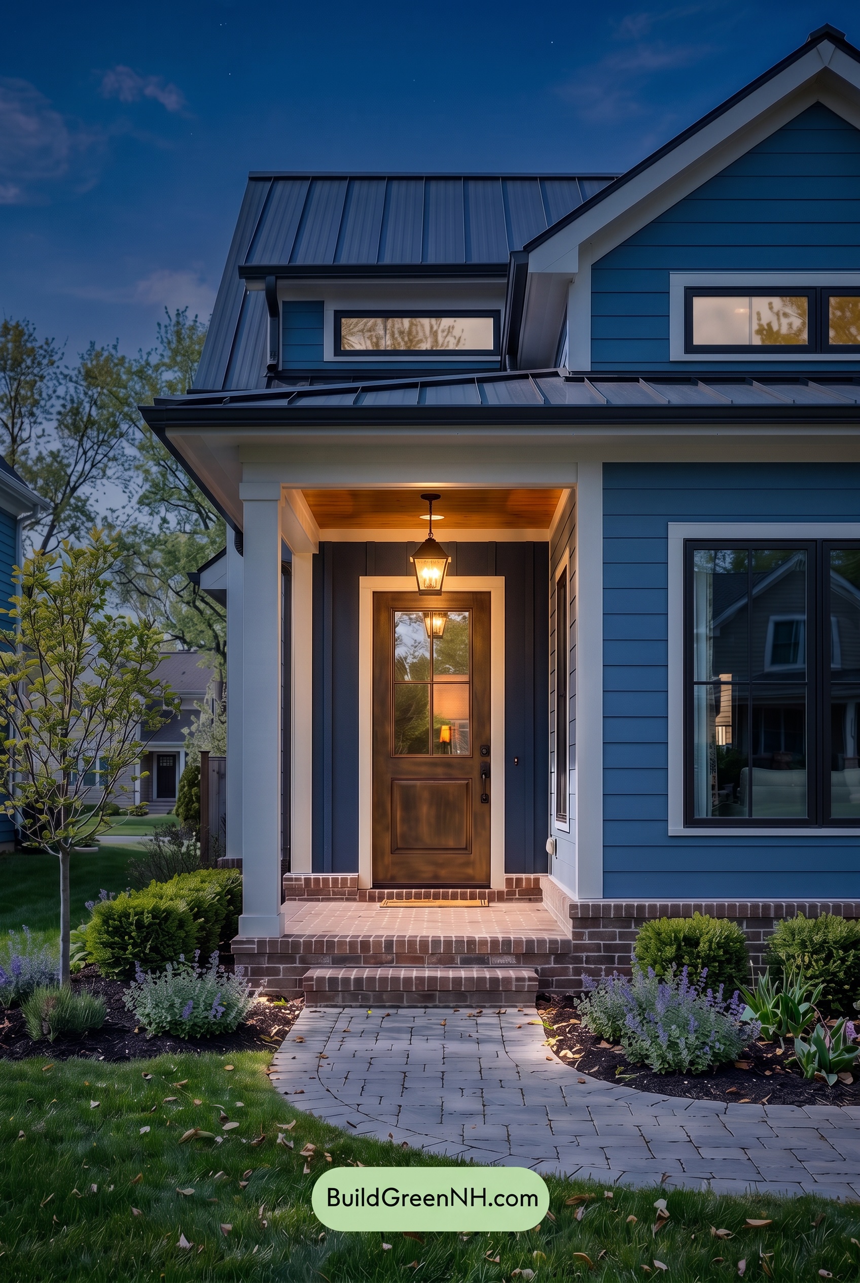 Blue House Front Door Color Scheme: Rainblue Brass Welcome - Nighttime