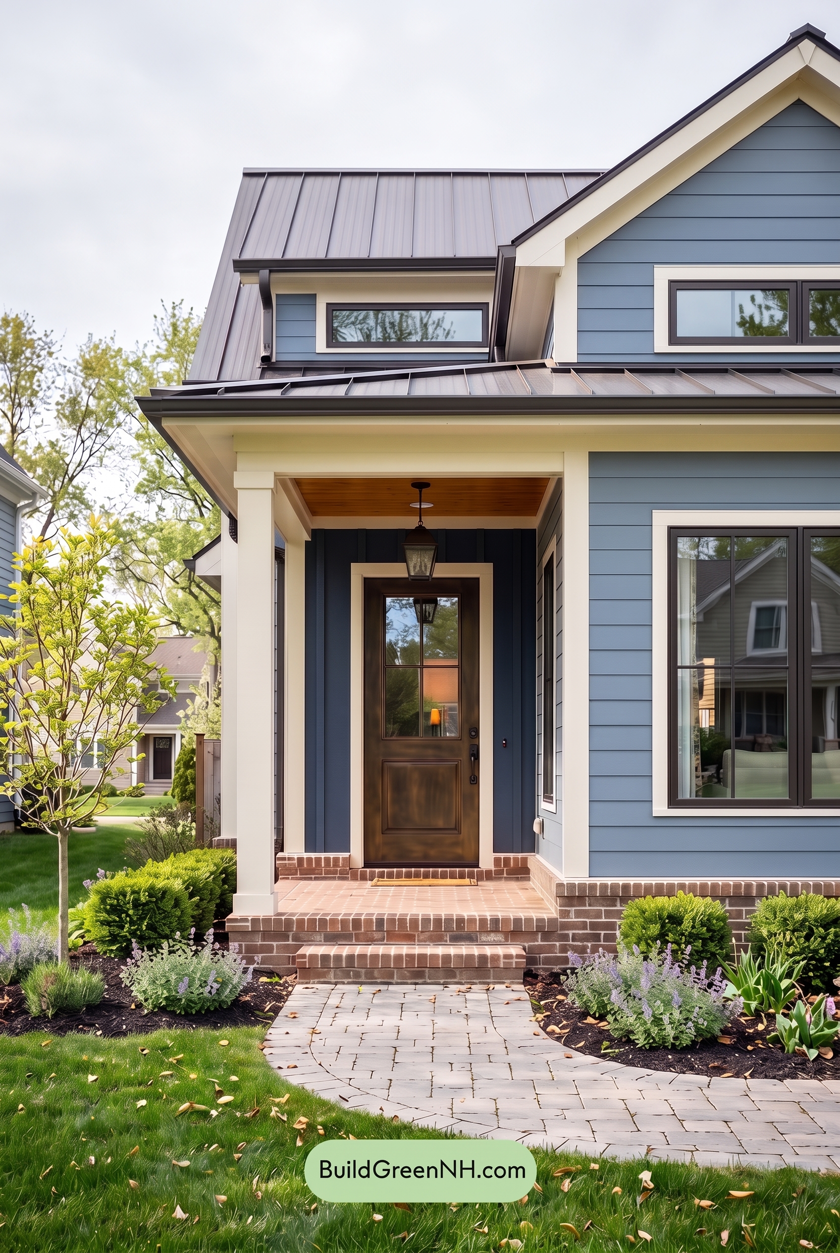 Blue House Front Door Color Scheme: Rainblue Brass Welcome - Overcast