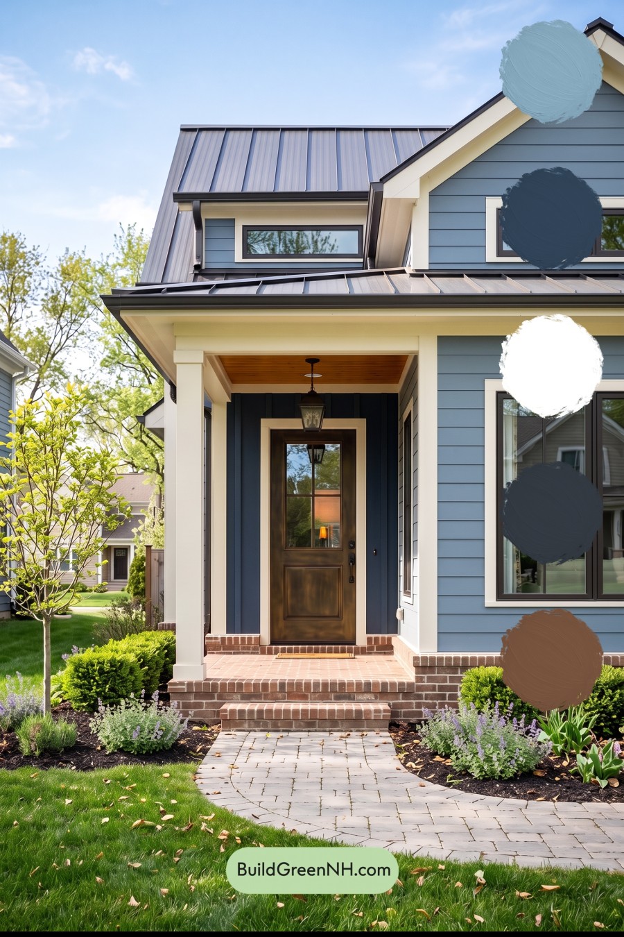 Blue House Front Door Color Scheme: Rainblue Brass Welcome