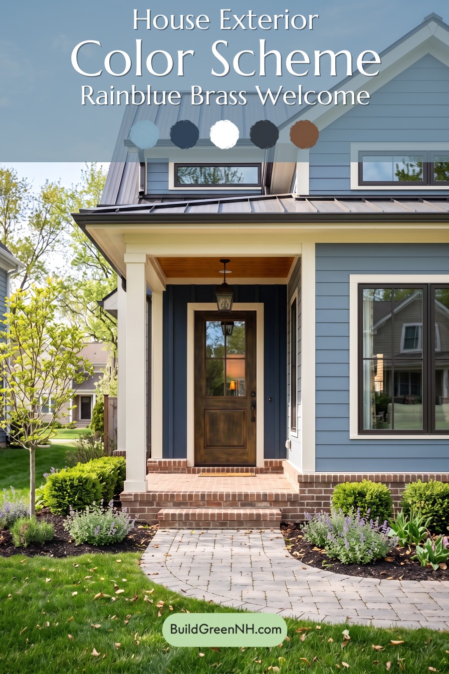 Blue House Front Door Color Scheme: Rainblue Brass Welcome