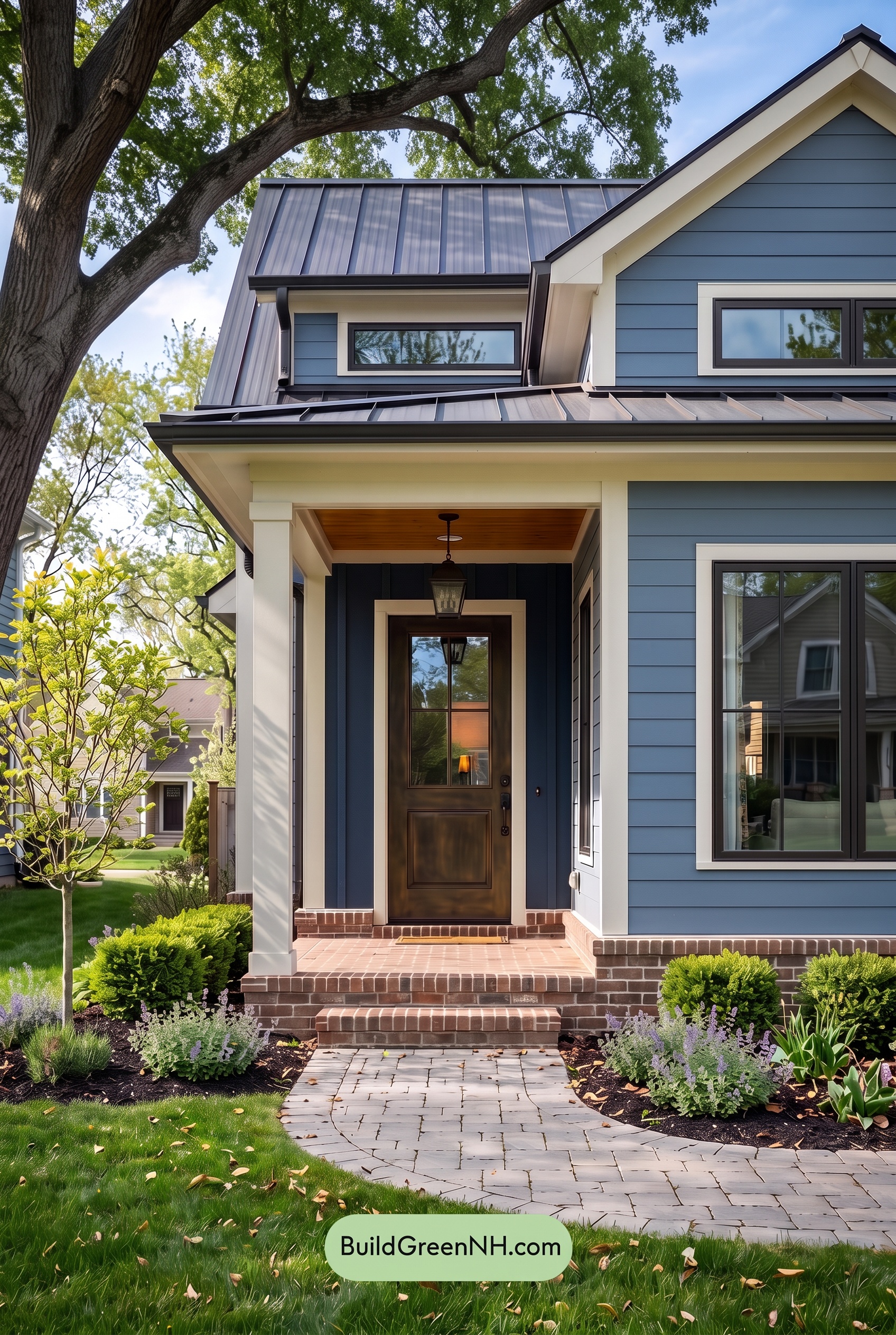 Blue House Front Door Color Scheme: Rainblue Brass Welcome - Shade