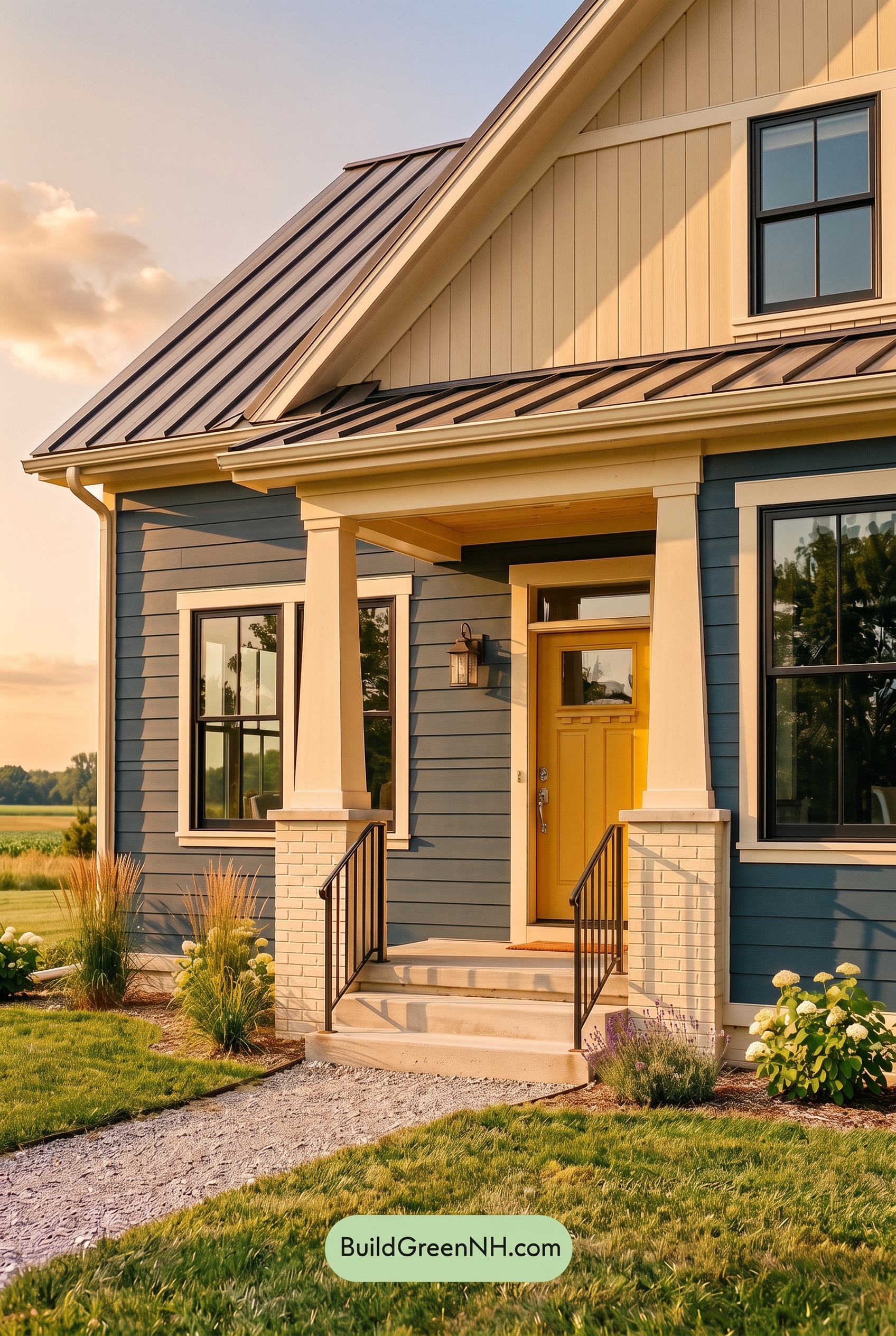 Blue House Front Door Color Scheme: Sapphire Daffodil Entry - Golden Hour