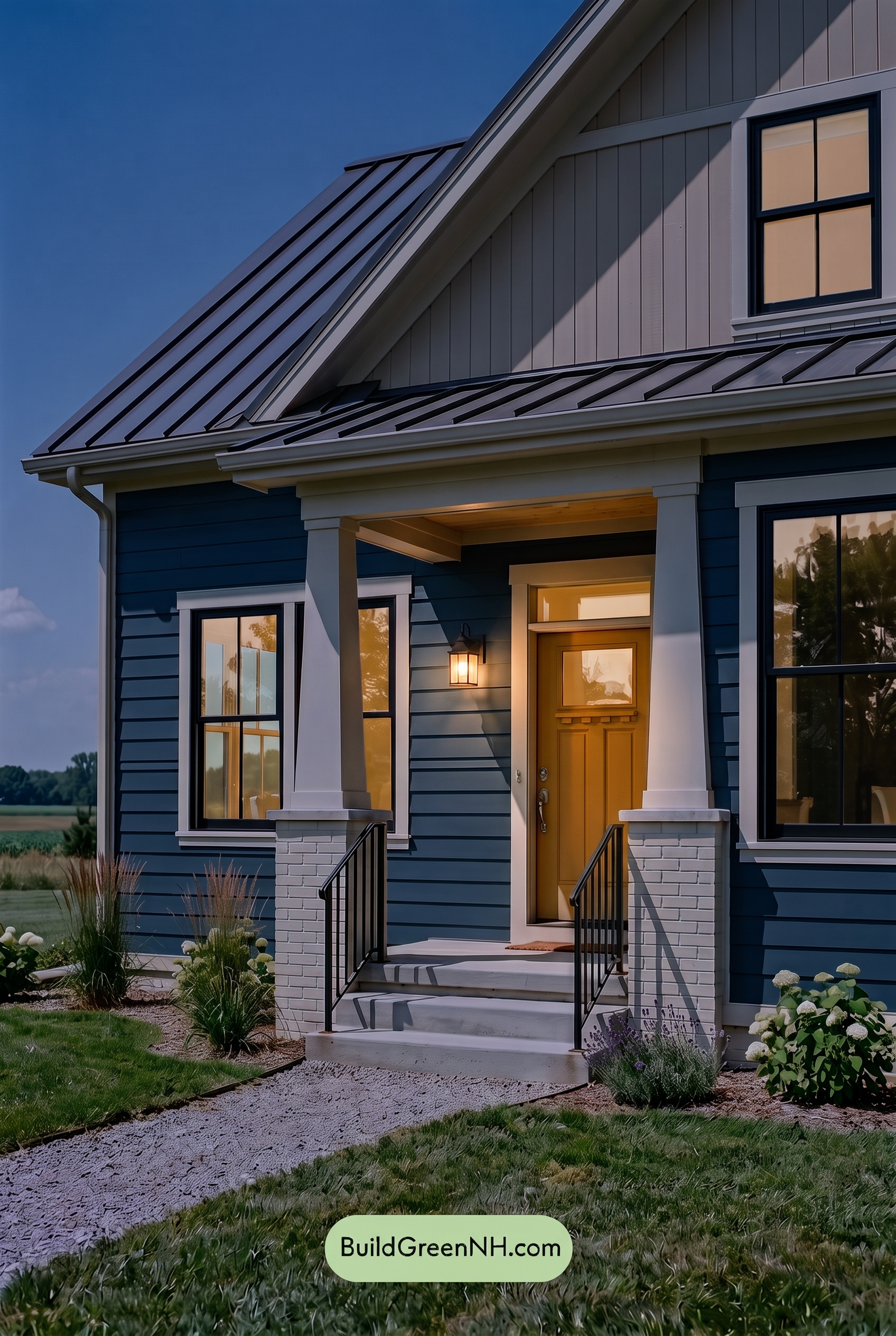 Blue House Front Door Color Scheme: Sapphire Daffodil Entry - Nighttime