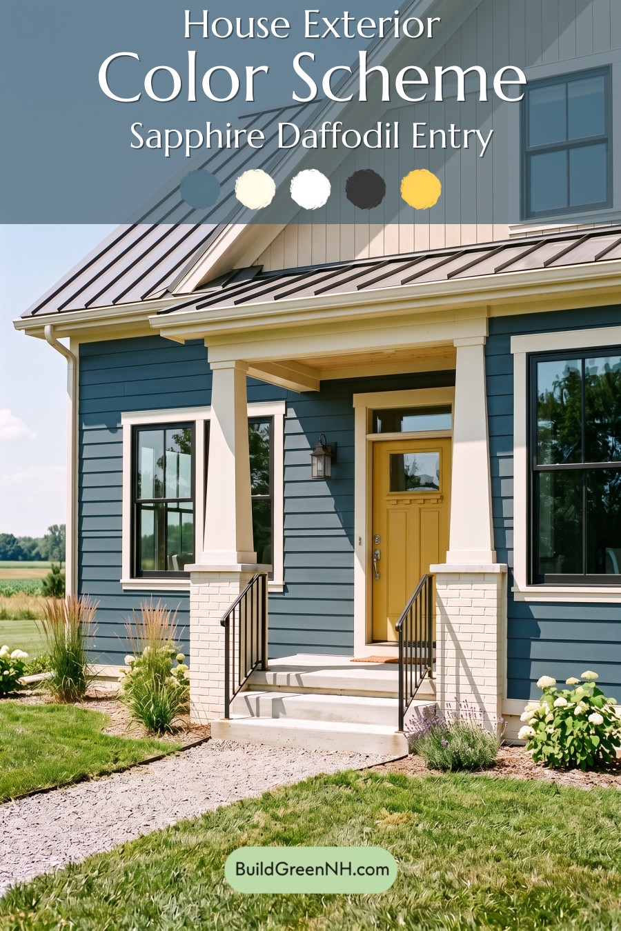 Blue House Front Door Color Scheme: Sapphire Daffodil Entry