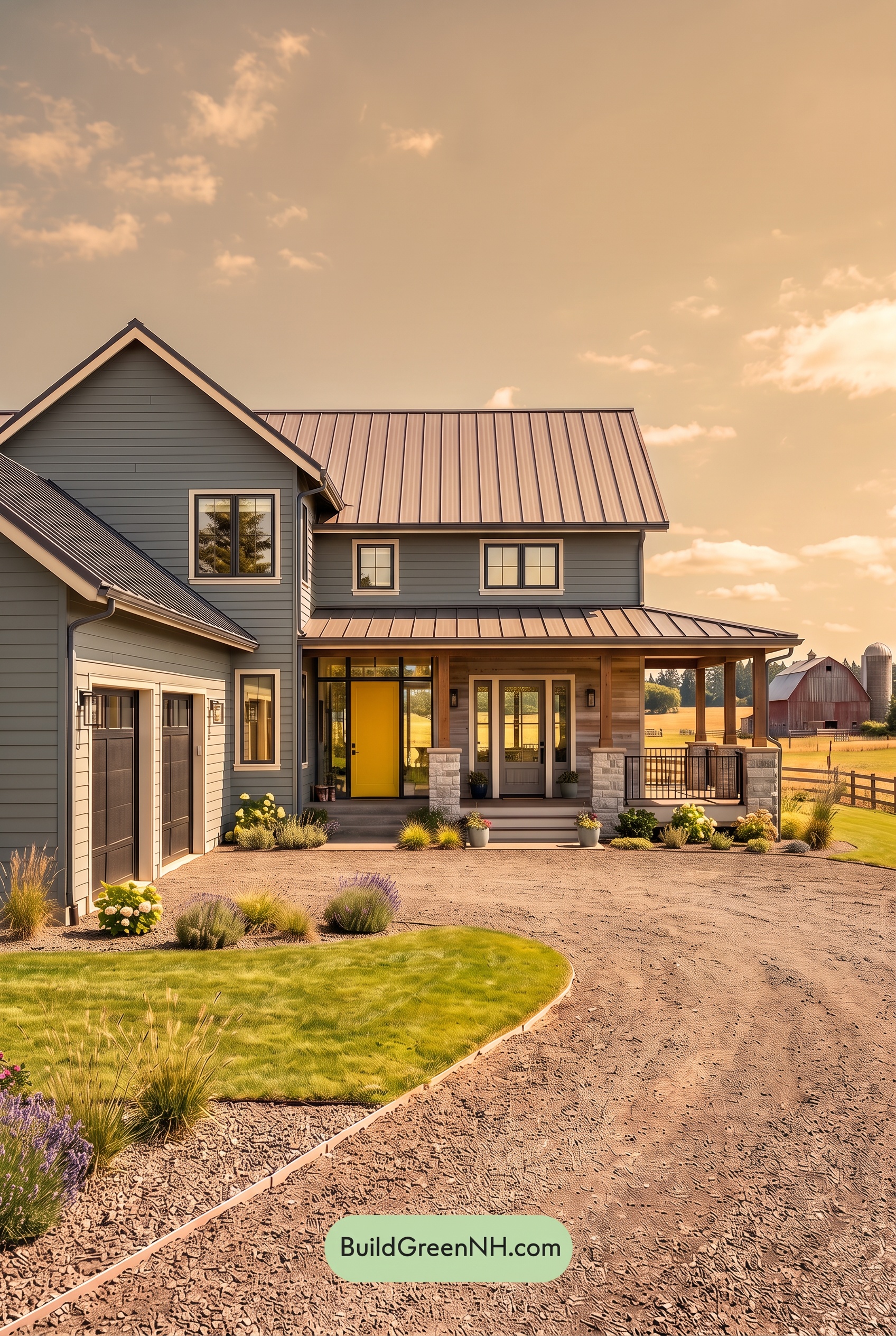 Blue House Front Door Color Scheme: Slate Citron - Golden Hour