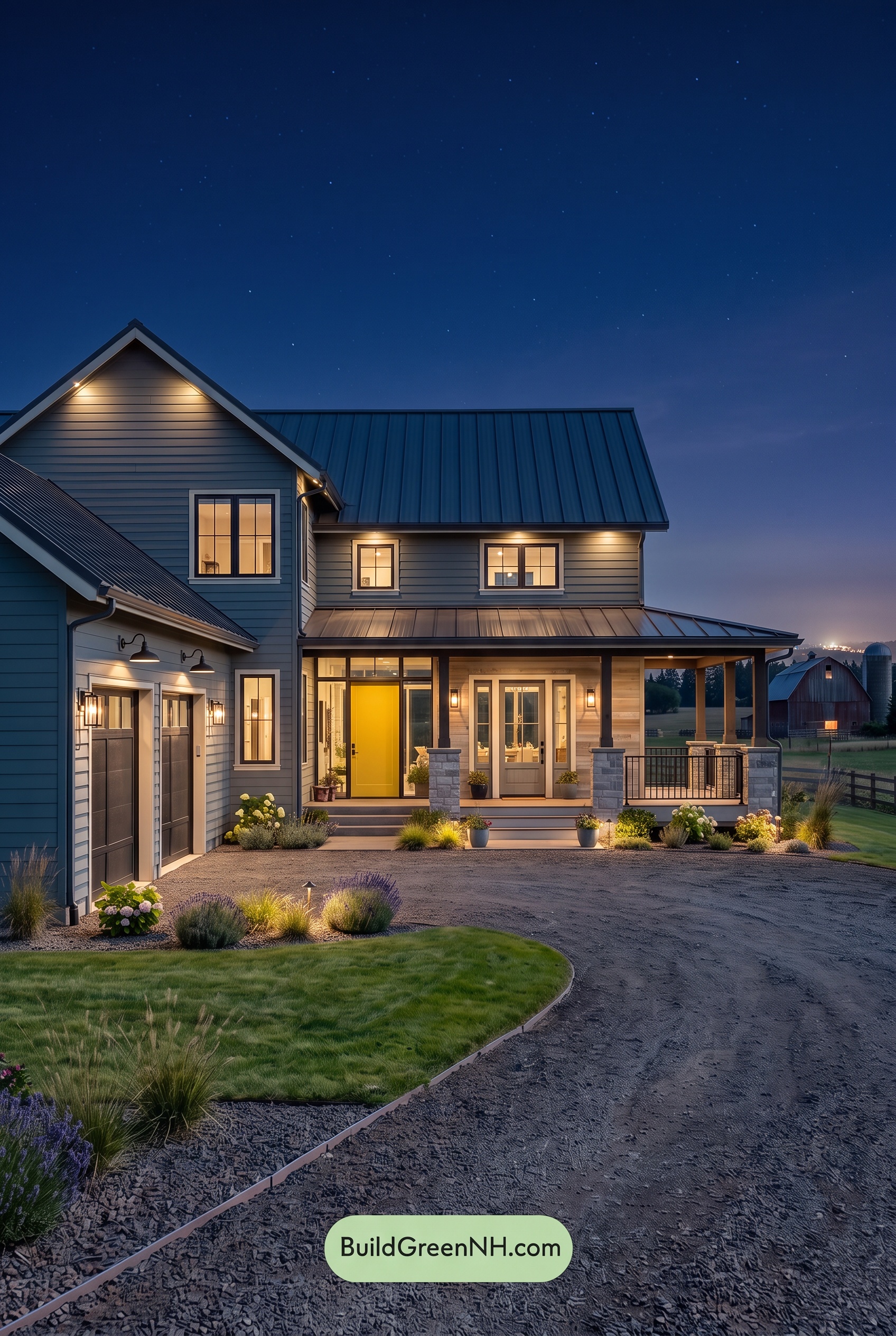 Blue House Front Door Color Scheme: Slate Citron - Nighttime