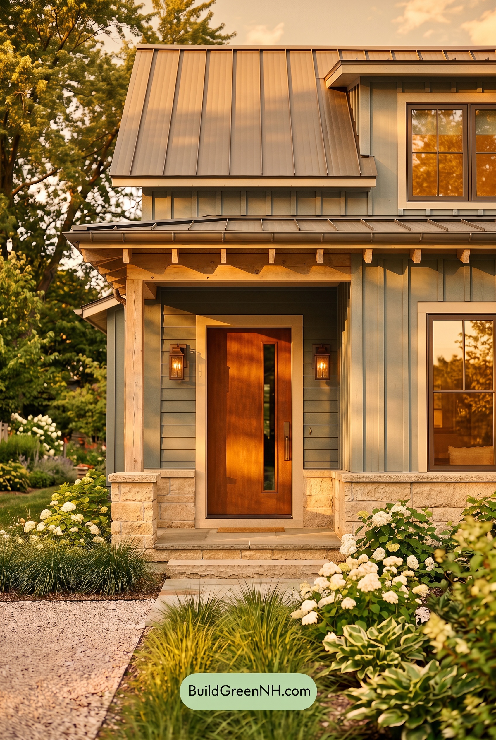 Blue House Front Door Color Scheme: Tidewashed Copper Entry - Golden Hour